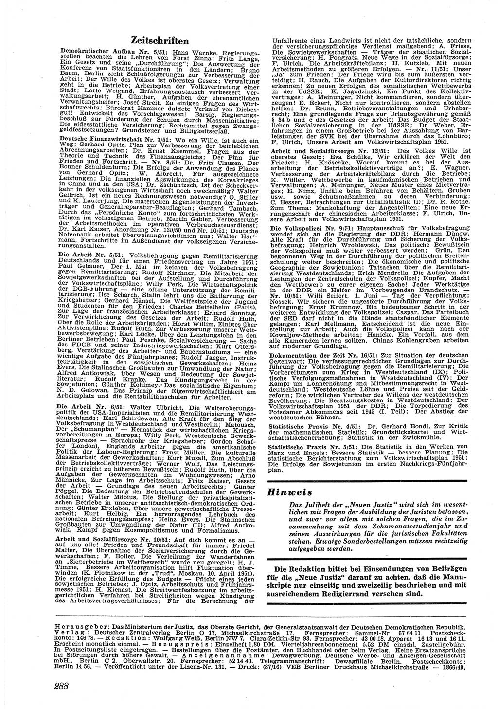 Neue Justiz (NJ), Zeitschrift für Recht und Rechtswissenschaft [Deutsche Demokratische Republik (DDR)], 5. Jahrgang 1951, Seite 288 (NJ DDR 1951, S. 288)