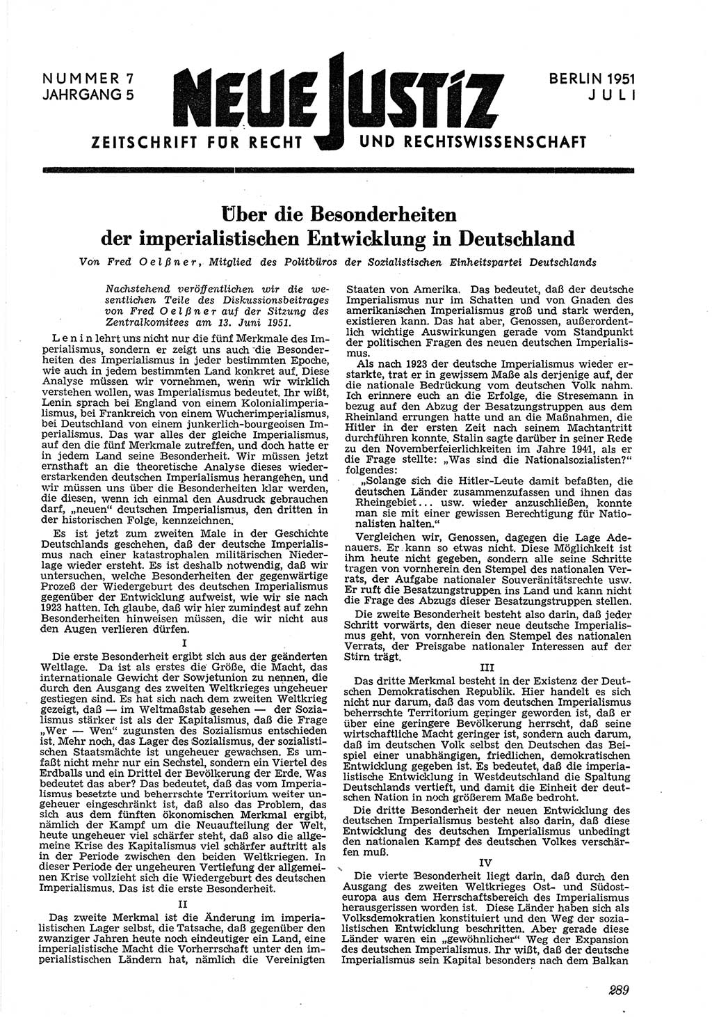 Neue Justiz (NJ), Zeitschrift für Recht und Rechtswissenschaft [Deutsche Demokratische Republik (DDR)], 5. Jahrgang 1951, Seite 289 (NJ DDR 1951, S. 289)