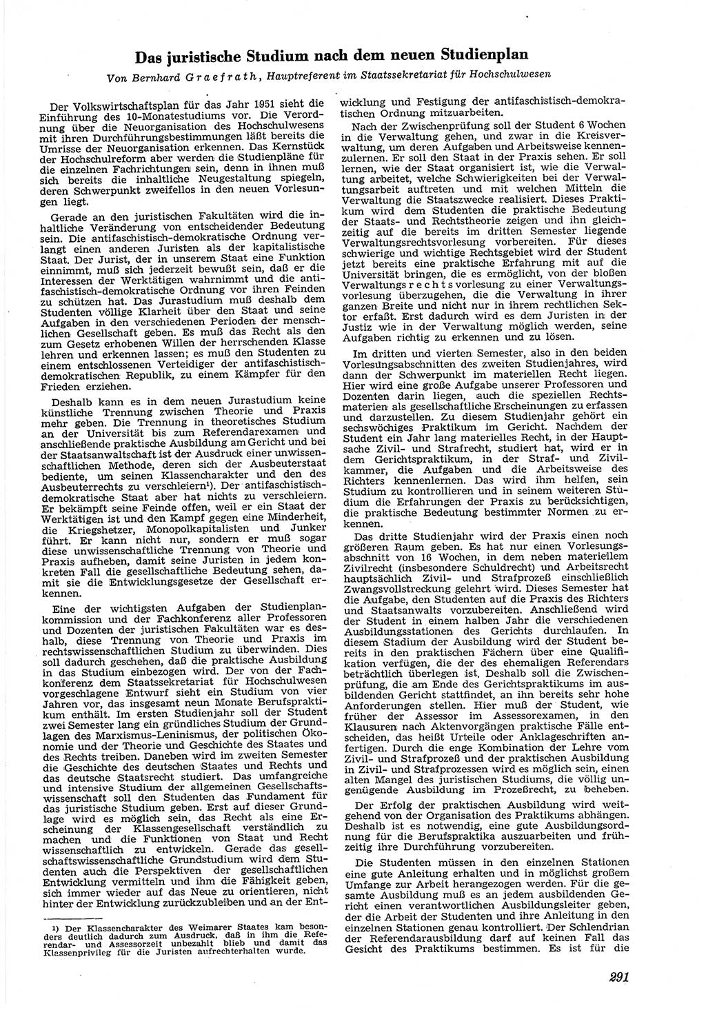 Neue Justiz (NJ), Zeitschrift für Recht und Rechtswissenschaft [Deutsche Demokratische Republik (DDR)], 5. Jahrgang 1951, Seite 291 (NJ DDR 1951, S. 291)
