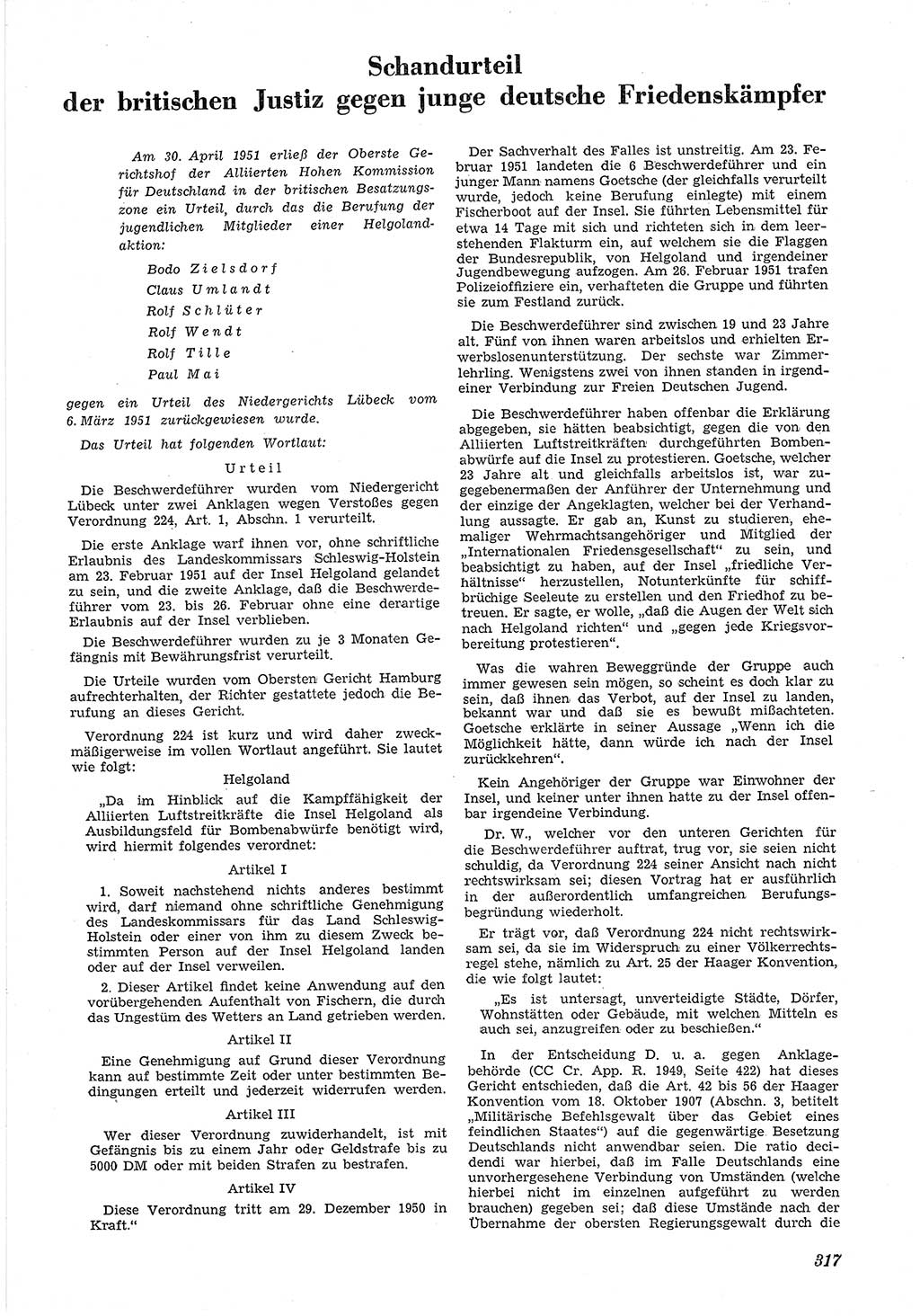 Neue Justiz (NJ), Zeitschrift für Recht und Rechtswissenschaft [Deutsche Demokratische Republik (DDR)], 5. Jahrgang 1951, Seite 317 (NJ DDR 1951, S. 317)