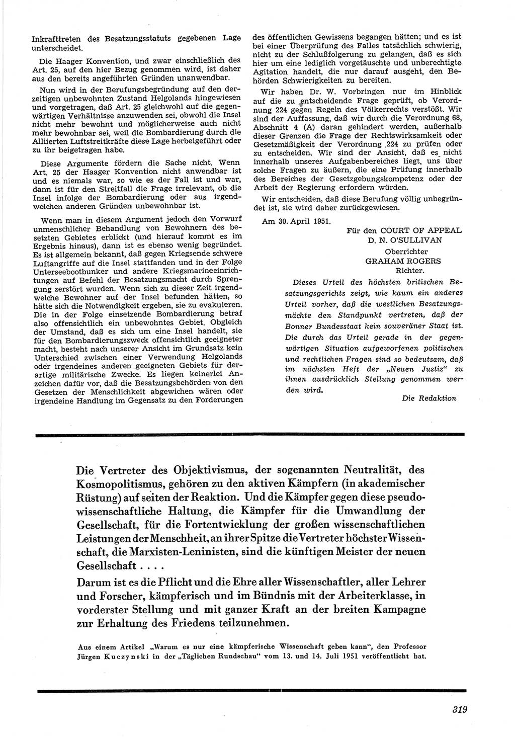 Neue Justiz (NJ), Zeitschrift für Recht und Rechtswissenschaft [Deutsche Demokratische Republik (DDR)], 5. Jahrgang 1951, Seite 319 (NJ DDR 1951, S. 319)