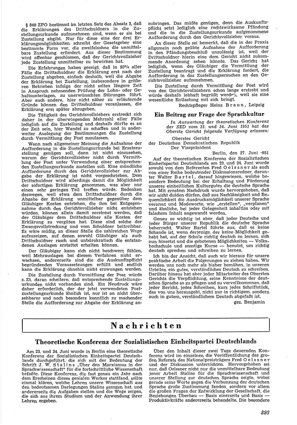 Neue Justiz (NJ), Zeitschrift für Recht und Rechtswissenschaft [Deutsche Demokratische Republik (DDR)], 5. Jahrgang 1951, Seite 323 (NJ DDR 1951, S. 323)