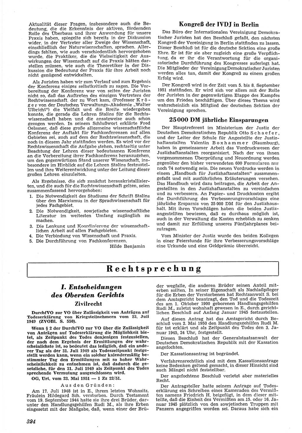 Neue Justiz (NJ), Zeitschrift für Recht und Rechtswissenschaft [Deutsche Demokratische Republik (DDR)], 5. Jahrgang 1951, Seite 324 (NJ DDR 1951, S. 324)