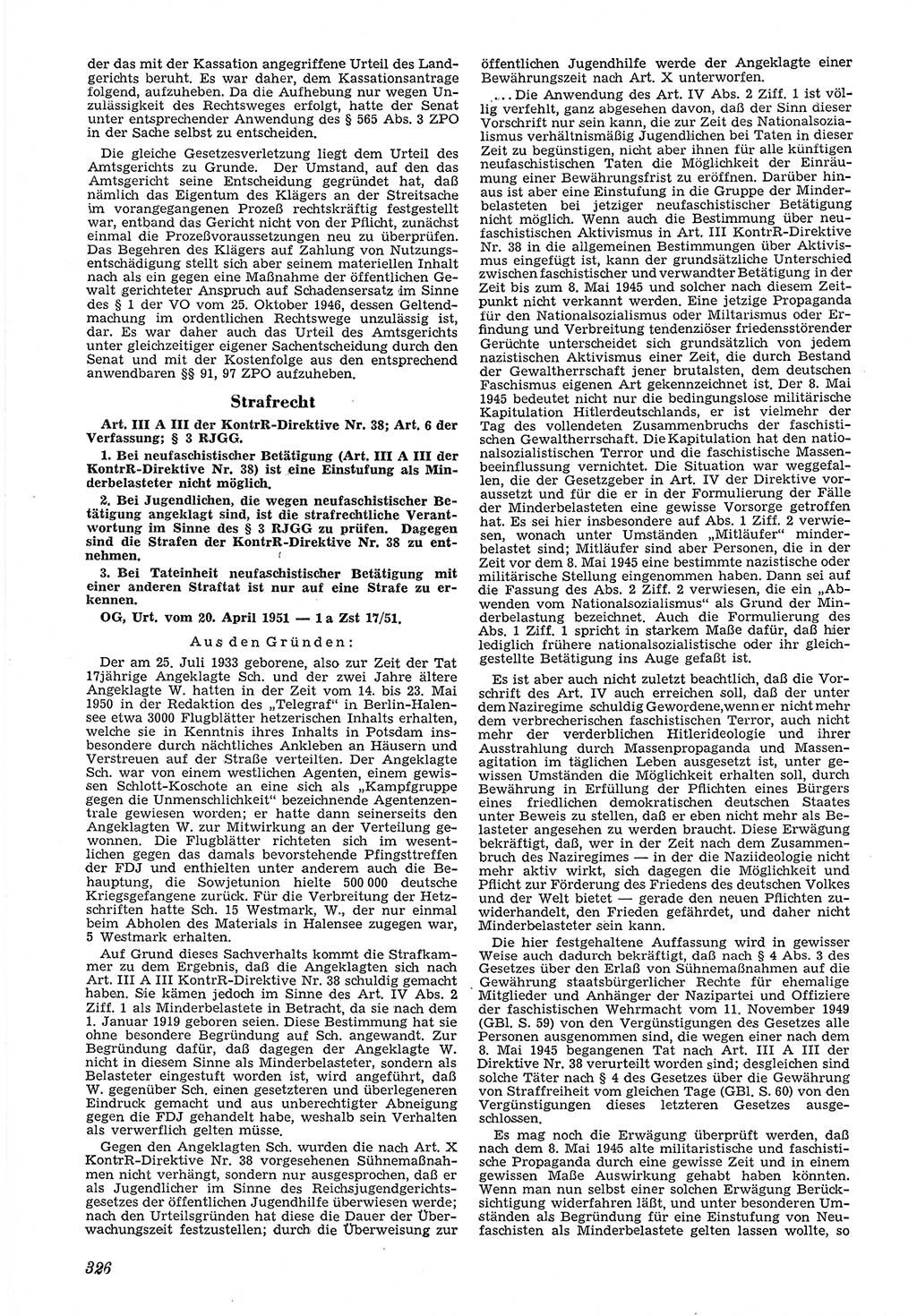 Neue Justiz (NJ), Zeitschrift für Recht und Rechtswissenschaft [Deutsche Demokratische Republik (DDR)], 5. Jahrgang 1951, Seite 326 (NJ DDR 1951, S. 326)