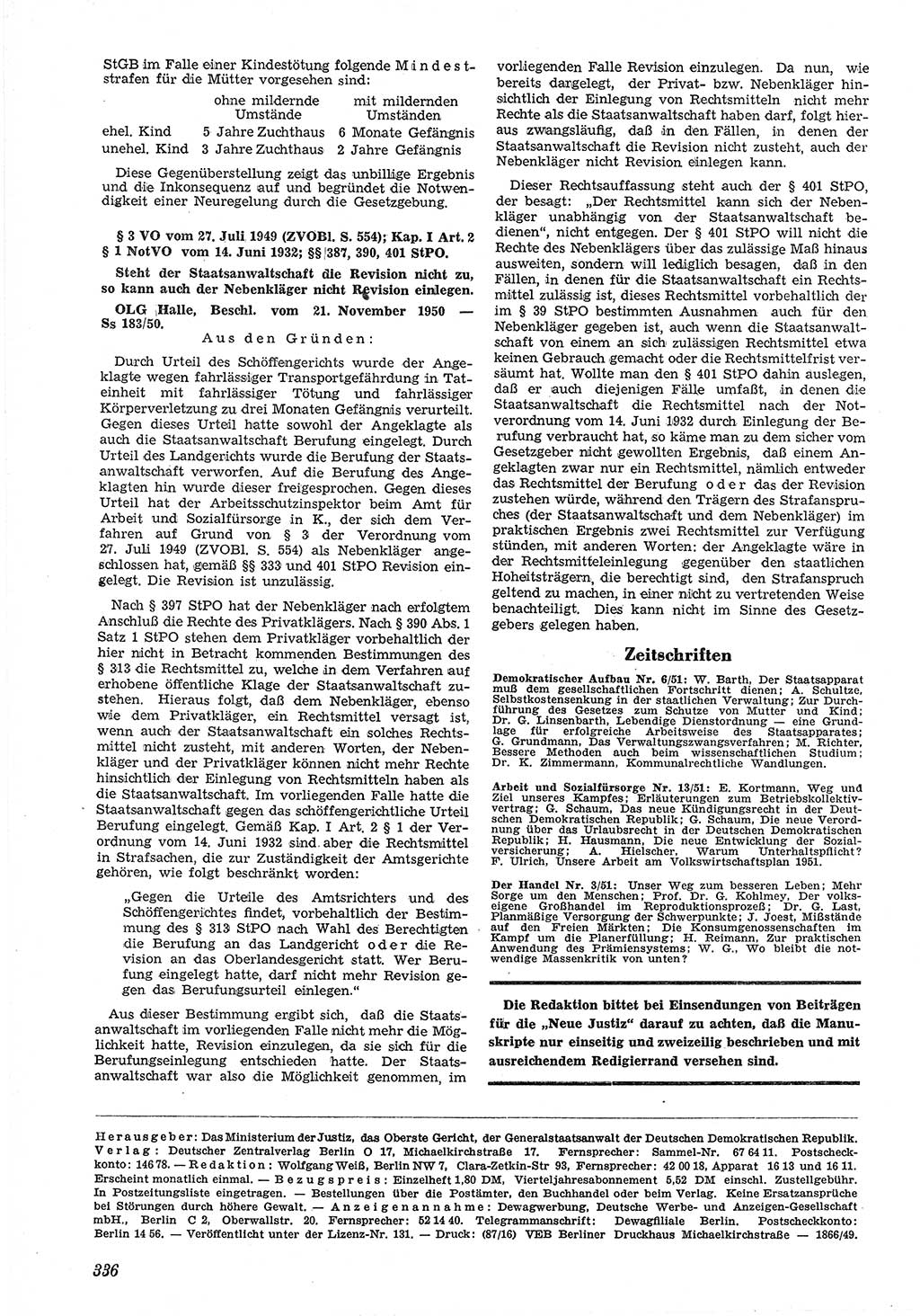Neue Justiz (NJ), Zeitschrift für Recht und Rechtswissenschaft [Deutsche Demokratische Republik (DDR)], 5. Jahrgang 1951, Seite 336 (NJ DDR 1951, S. 336)