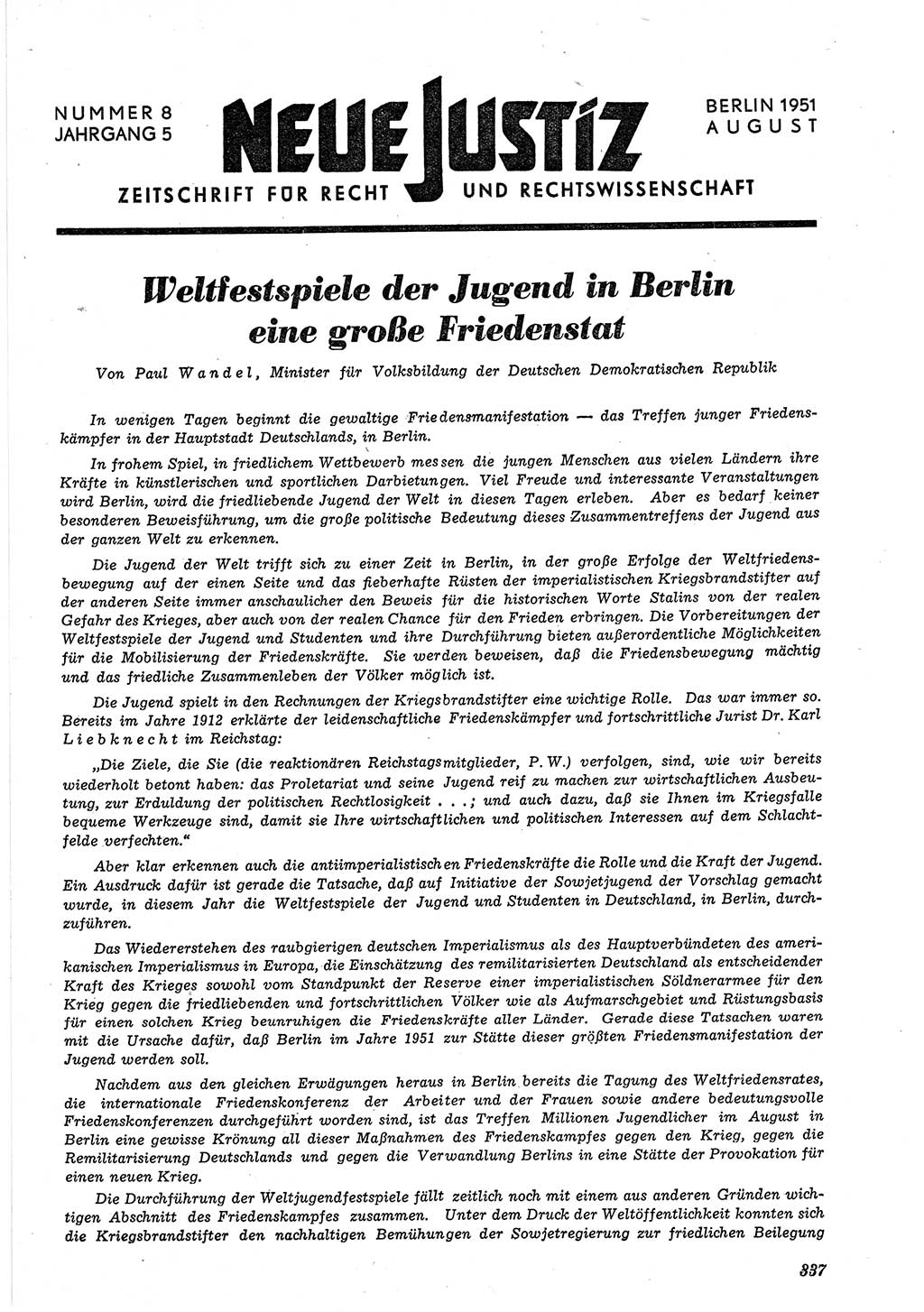 Neue Justiz (NJ), Zeitschrift für Recht und Rechtswissenschaft [Deutsche Demokratische Republik (DDR)], 5. Jahrgang 1951, Seite 337 (NJ DDR 1951, S. 337)