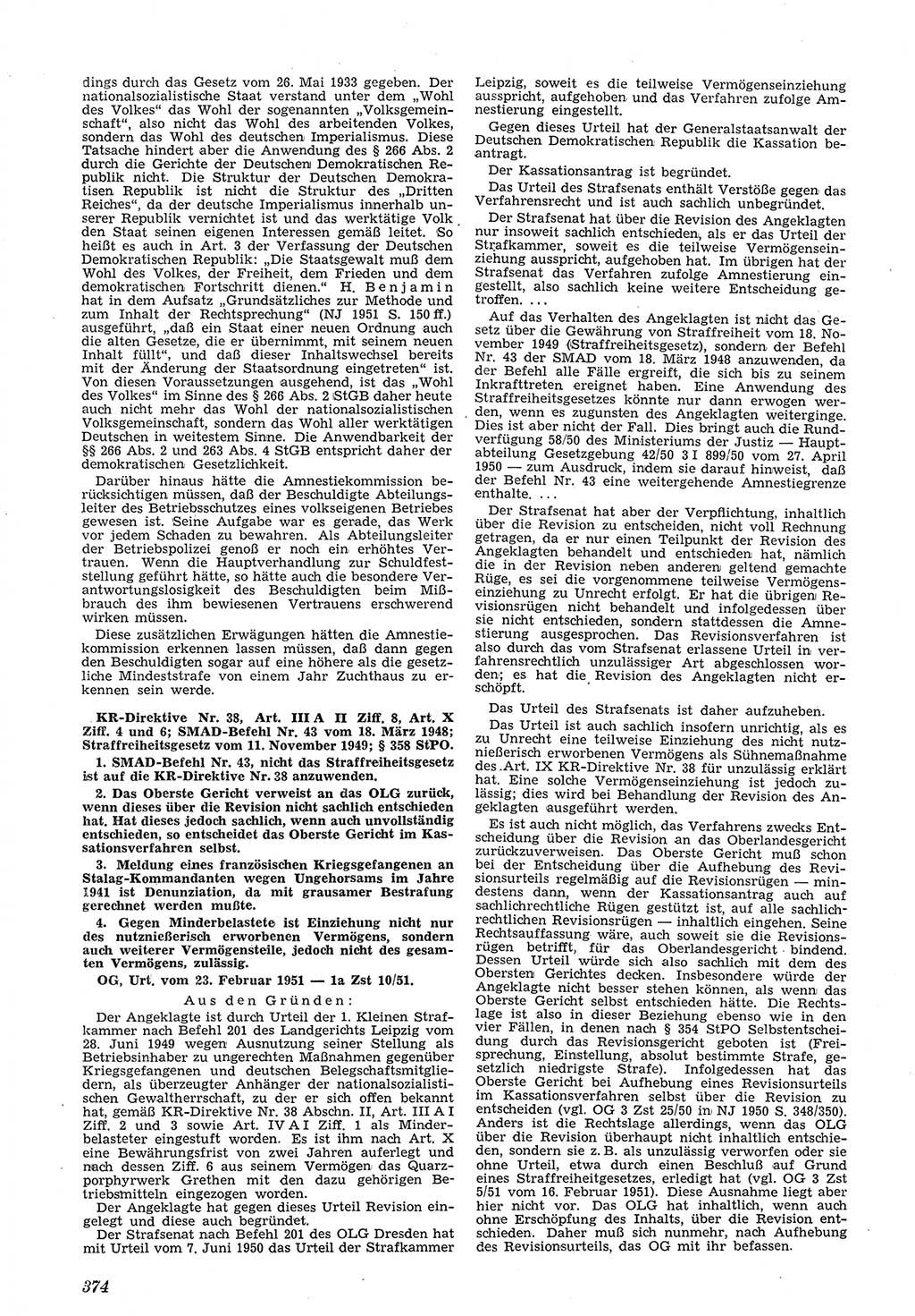 Neue Justiz (NJ), Zeitschrift für Recht und Rechtswissenschaft [Deutsche Demokratische Republik (DDR)], 5. Jahrgang 1951, Seite 374 (NJ DDR 1951, S. 374)