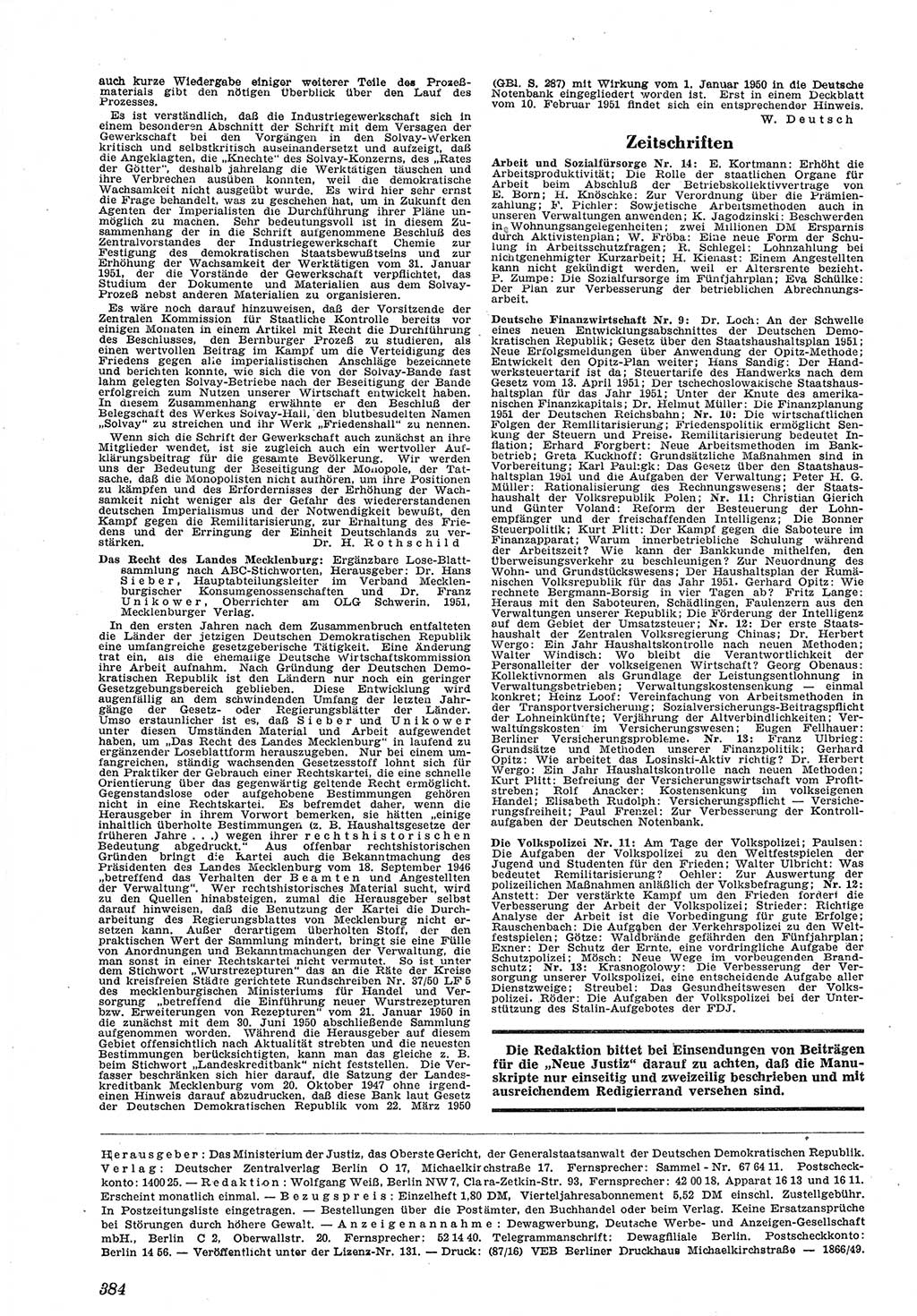 Neue Justiz (NJ), Zeitschrift für Recht und Rechtswissenschaft [Deutsche Demokratische Republik (DDR)], 5. Jahrgang 1951, Seite 384 (NJ DDR 1951, S. 384)