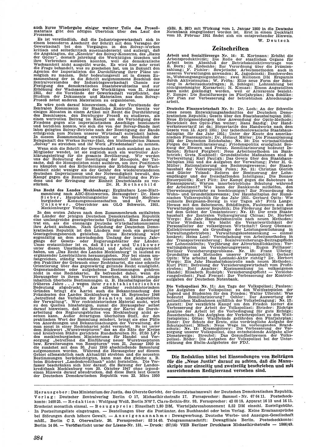 Neue Justiz (NJ), Zeitschrift für Recht und Rechtswissenschaft [Deutsche Demokratische Republik (DDR)], 5. Jahrgang 1951, Seite 384 (NJ DDR 1951, S. 384)
