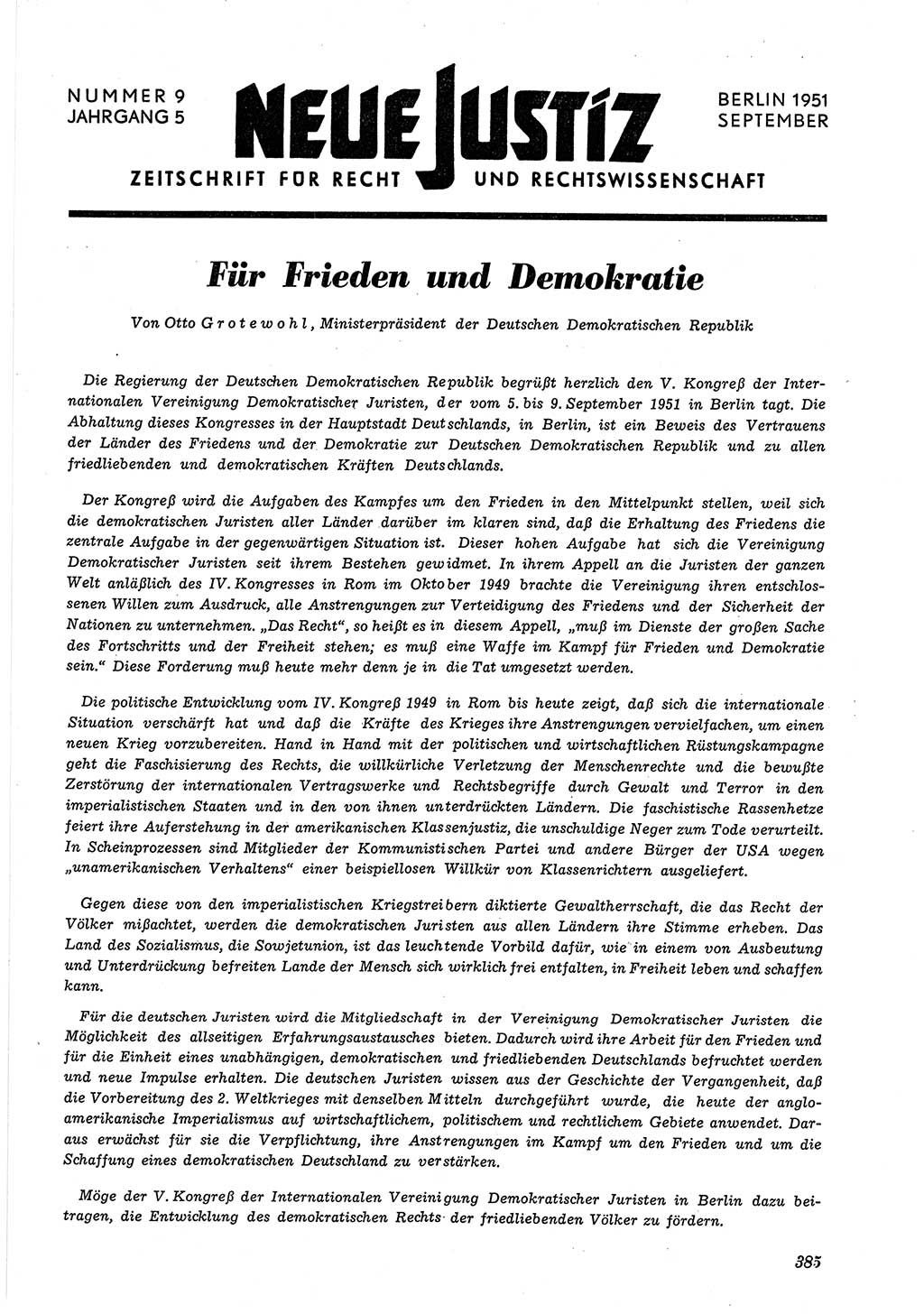 Neue Justiz (NJ), Zeitschrift für Recht und Rechtswissenschaft [Deutsche Demokratische Republik (DDR)], 5. Jahrgang 1951, Seite 385 (NJ DDR 1951, S. 385)