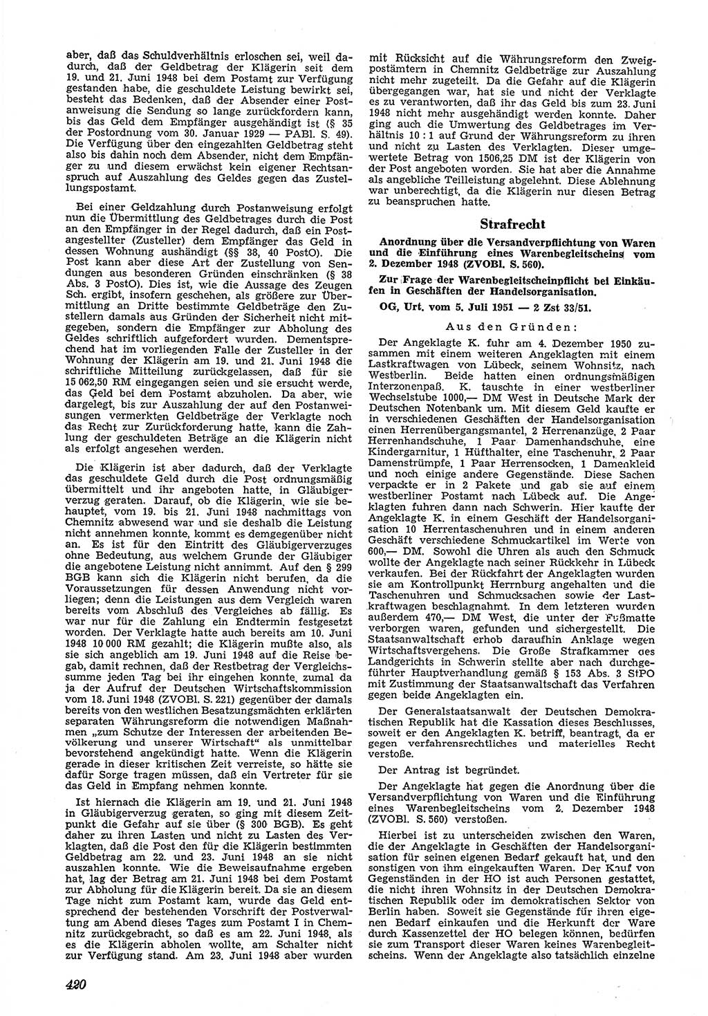 Neue Justiz (NJ), Zeitschrift für Recht und Rechtswissenschaft [Deutsche Demokratische Republik (DDR)], 5. Jahrgang 1951, Seite 420 (NJ DDR 1951, S. 420)