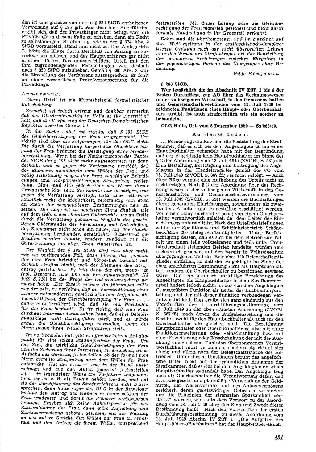 Neue Justiz (NJ), Zeitschrift für Recht und Rechtswissenschaft [Deutsche Demokratische Republik (DDR)], 5. Jahrgang 1951, Seite 431 (NJ DDR 1951, S. 431)