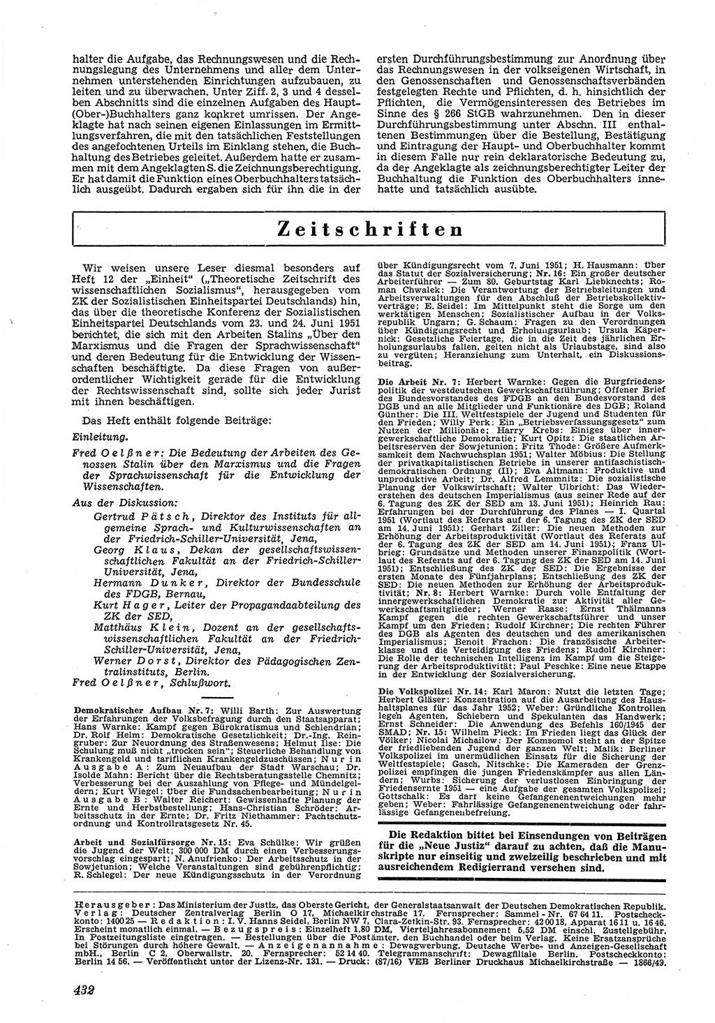 Neue Justiz (NJ), Zeitschrift für Recht und Rechtswissenschaft [Deutsche Demokratische Republik (DDR)], 5. Jahrgang 1951, Seite 432 (NJ DDR 1951, S. 432)