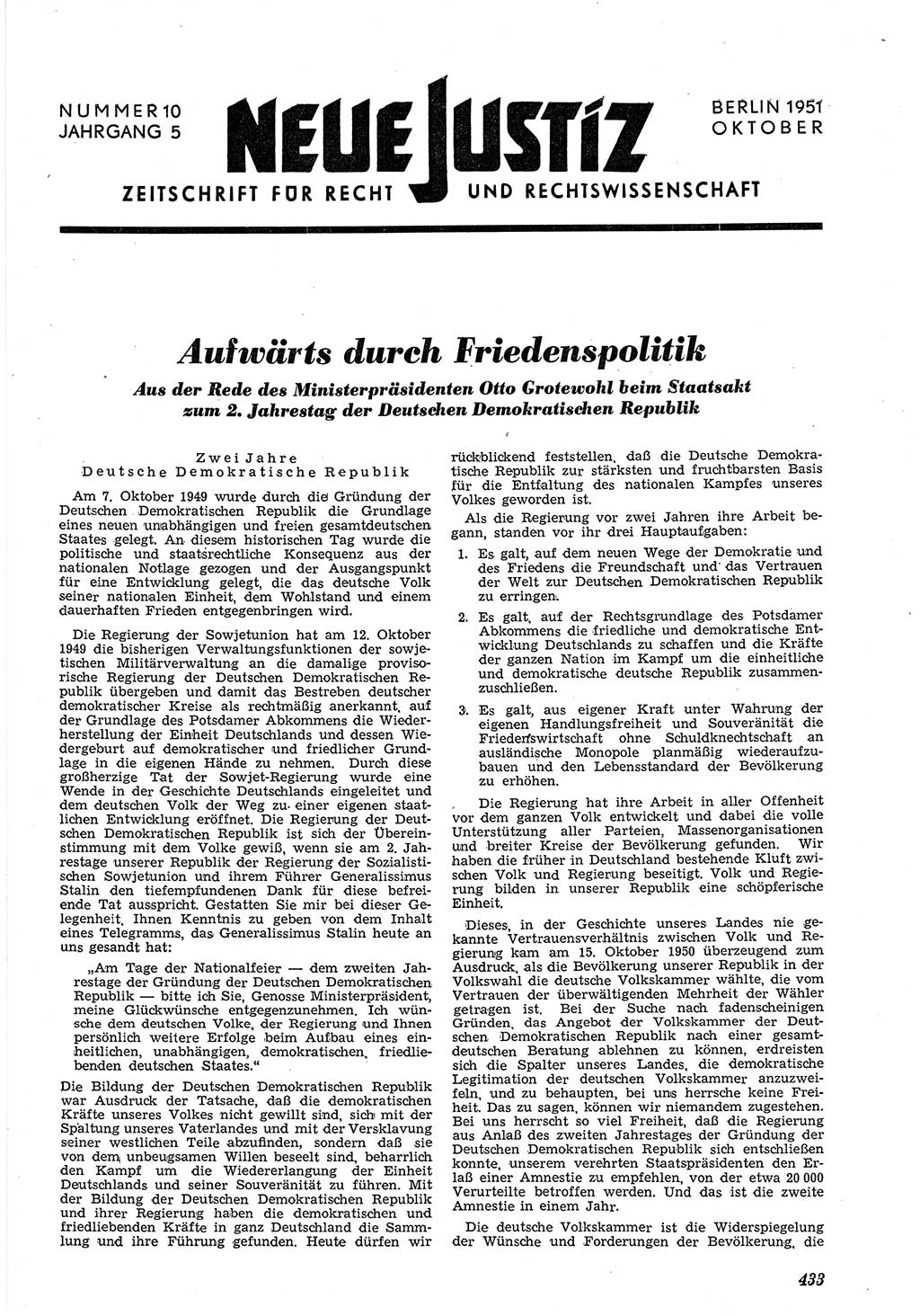 Neue Justiz (NJ), Zeitschrift für Recht und Rechtswissenschaft [Deutsche Demokratische Republik (DDR)], 5. Jahrgang 1951, Seite 433 (NJ DDR 1951, S. 433)