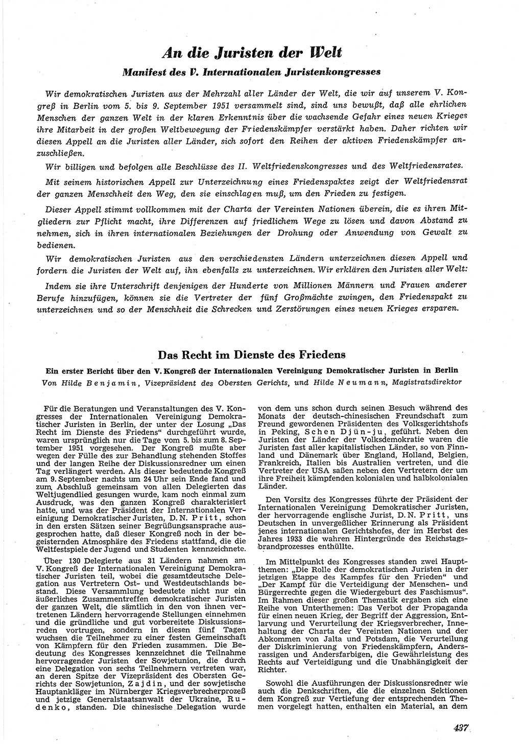 Neue Justiz (NJ), Zeitschrift für Recht und Rechtswissenschaft [Deutsche Demokratische Republik (DDR)], 5. Jahrgang 1951, Seite 437 (NJ DDR 1951, S. 437)