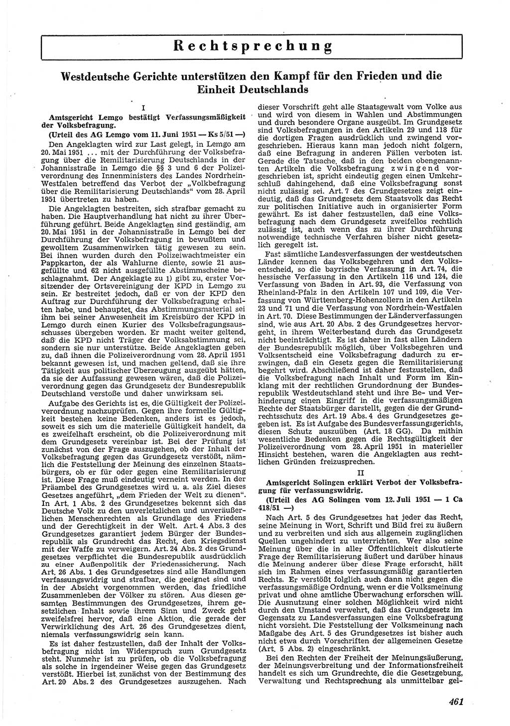 Neue Justiz (NJ), Zeitschrift für Recht und Rechtswissenschaft [Deutsche Demokratische Republik (DDR)], 5. Jahrgang 1951, Seite 461 (NJ DDR 1951, S. 461)
