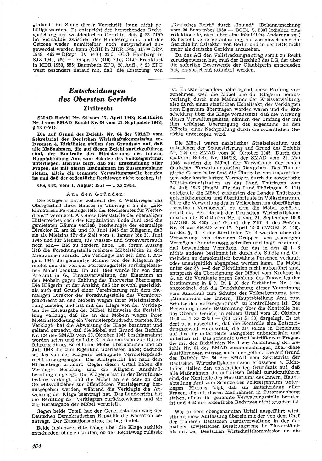 Neue Justiz (NJ), Zeitschrift für Recht und Rechtswissenschaft [Deutsche Demokratische Republik (DDR)], 5. Jahrgang 1951, Seite 464 (NJ DDR 1951, S. 464)