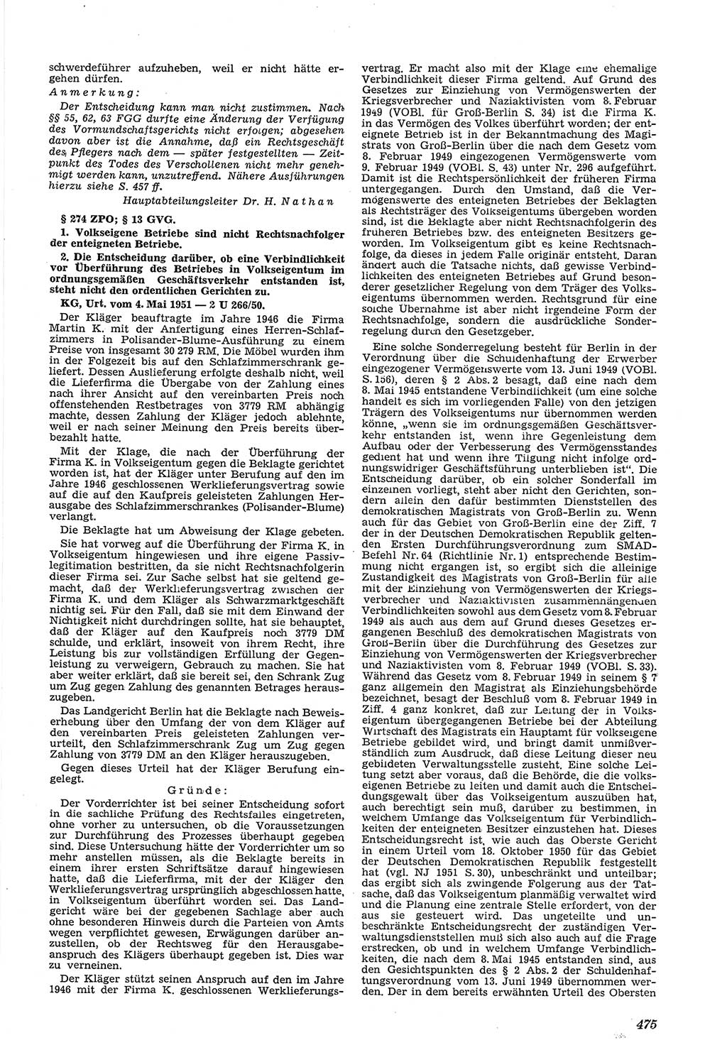 Neue Justiz (NJ), Zeitschrift für Recht und Rechtswissenschaft [Deutsche Demokratische Republik (DDR)], 5. Jahrgang 1951, Seite 475 (NJ DDR 1951, S. 475)