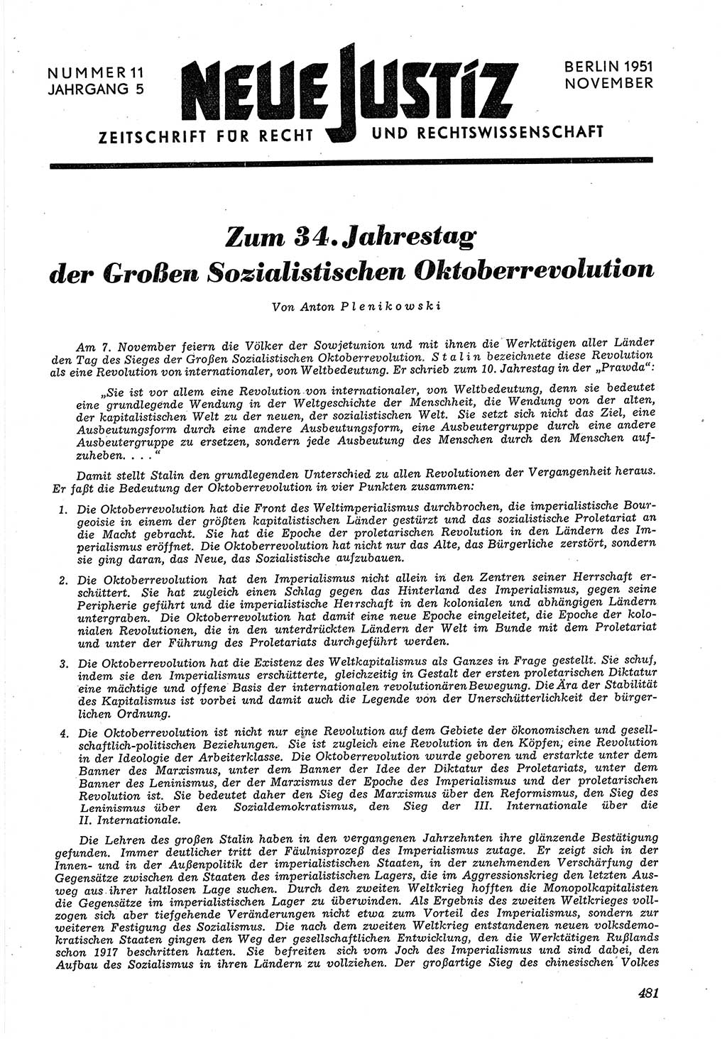 Neue Justiz (NJ), Zeitschrift für Recht und Rechtswissenschaft [Deutsche Demokratische Republik (DDR)], 5. Jahrgang 1951, Seite 481 (NJ DDR 1951, S. 481)