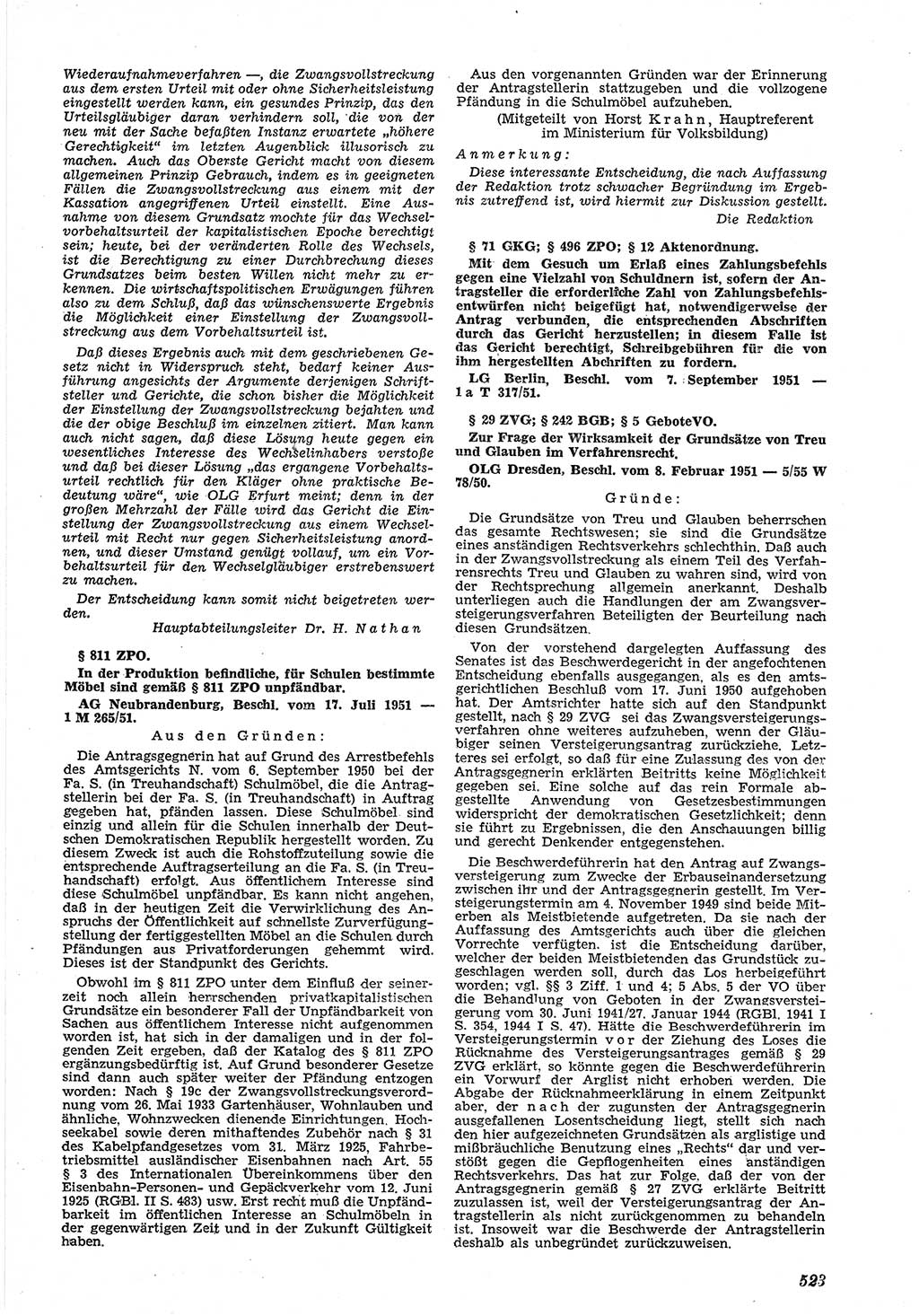 Neue Justiz (NJ), Zeitschrift für Recht und Rechtswissenschaft [Deutsche Demokratische Republik (DDR)], 5. Jahrgang 1951, Seite 523 (NJ DDR 1951, S. 523)