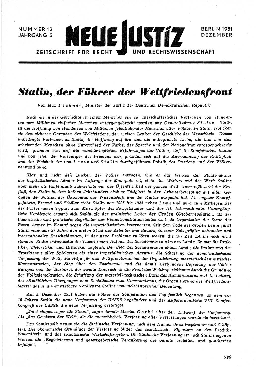 Neue Justiz (NJ), Zeitschrift für Recht und Rechtswissenschaft [Deutsche Demokratische Republik (DDR)], 5. Jahrgang 1951, Seite 529 (NJ DDR 1951, S. 529)