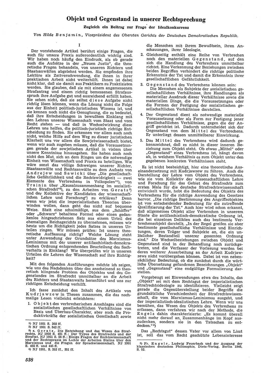 Neue Justiz (NJ), Zeitschrift für Recht und Rechtswissenschaft [Deutsche Demokratische Republik (DDR)], 5. Jahrgang 1951, Seite 538 (NJ DDR 1951, S. 538)
