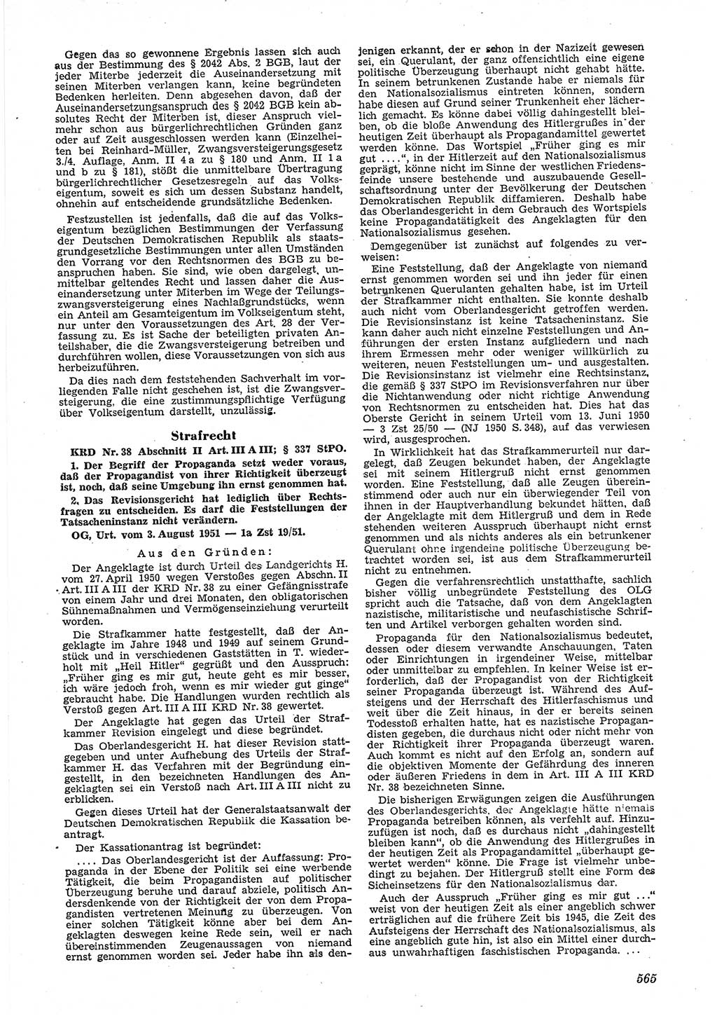 Neue Justiz (NJ), Zeitschrift für Recht und Rechtswissenschaft [Deutsche Demokratische Republik (DDR)], 5. Jahrgang 1951, Seite 565 (NJ DDR 1951, S. 565)