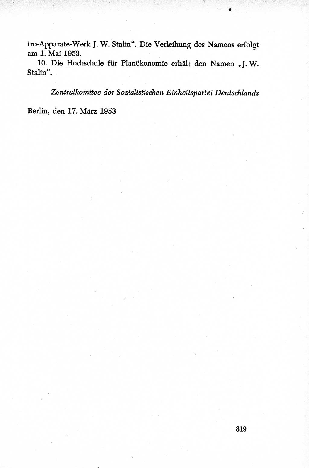 Dokumente der Sozialistischen Einheitspartei Deutschlands (SED) [Deutsche Demokratische Republik (DDR)] 1952-1953, Seite 319 (Dok. SED DDR 1952-1953, S. 319)