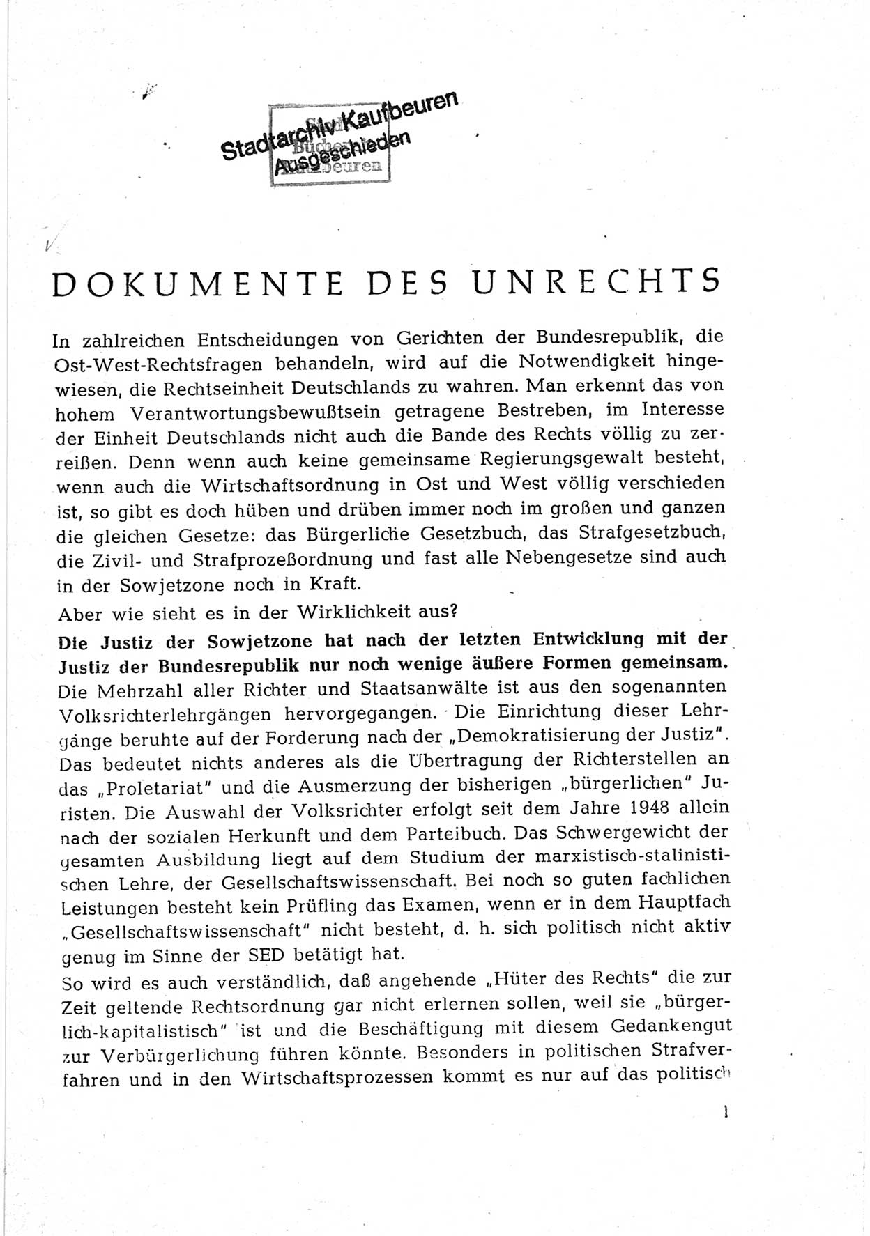 Dokumente des Unrechts [Deutsche Demokratische Republik (DDR)], herausgegeben vom Bundesministerium für gesamtdeutsche Fragen (BMG) [Bundesrepublik Deutschland (BRD)], Bonn, ca. 1952, Seite 1 (Dok. UnR. DDR BMG BRD 1952, S. 1)