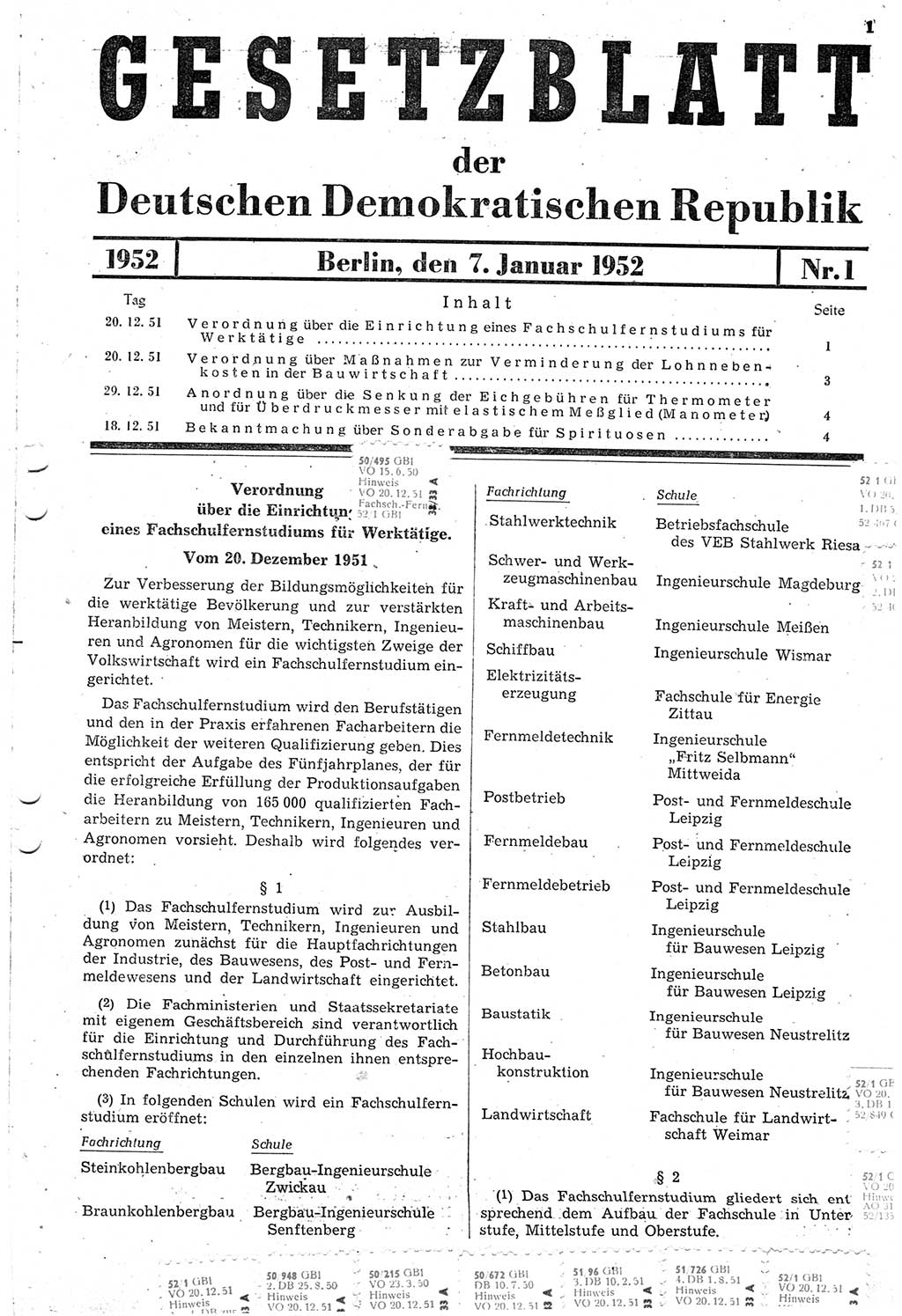 Gesetzblatt (GBl.) der Deutschen Demokratischen Republik (DDR) 1952, Seite 1 (GBl. DDR 1952, S. 1)