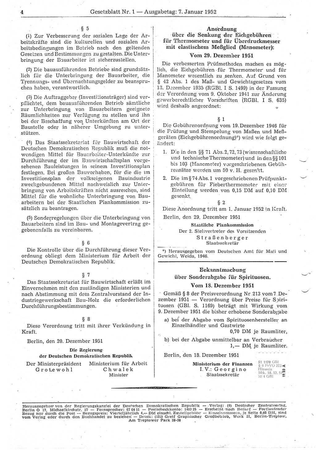 Gesetzblatt (GBl.) der Deutschen Demokratischen Republik (DDR) 1952, Seite 4 (GBl. DDR 1952, S. 4)