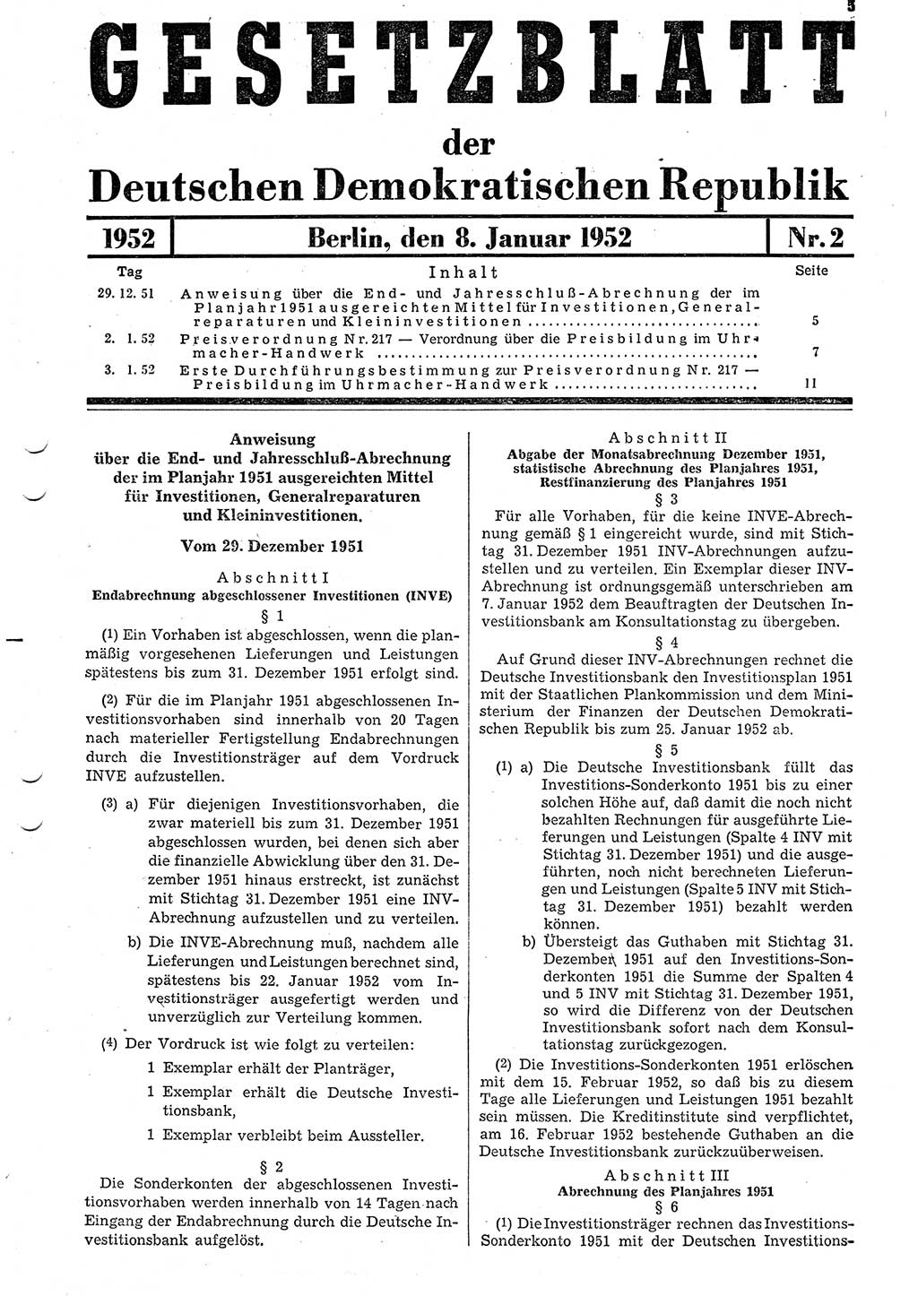 Gesetzblatt (GBl.) der Deutschen Demokratischen Republik (DDR) 1952, Seite 5 (GBl. DDR 1952, S. 5)