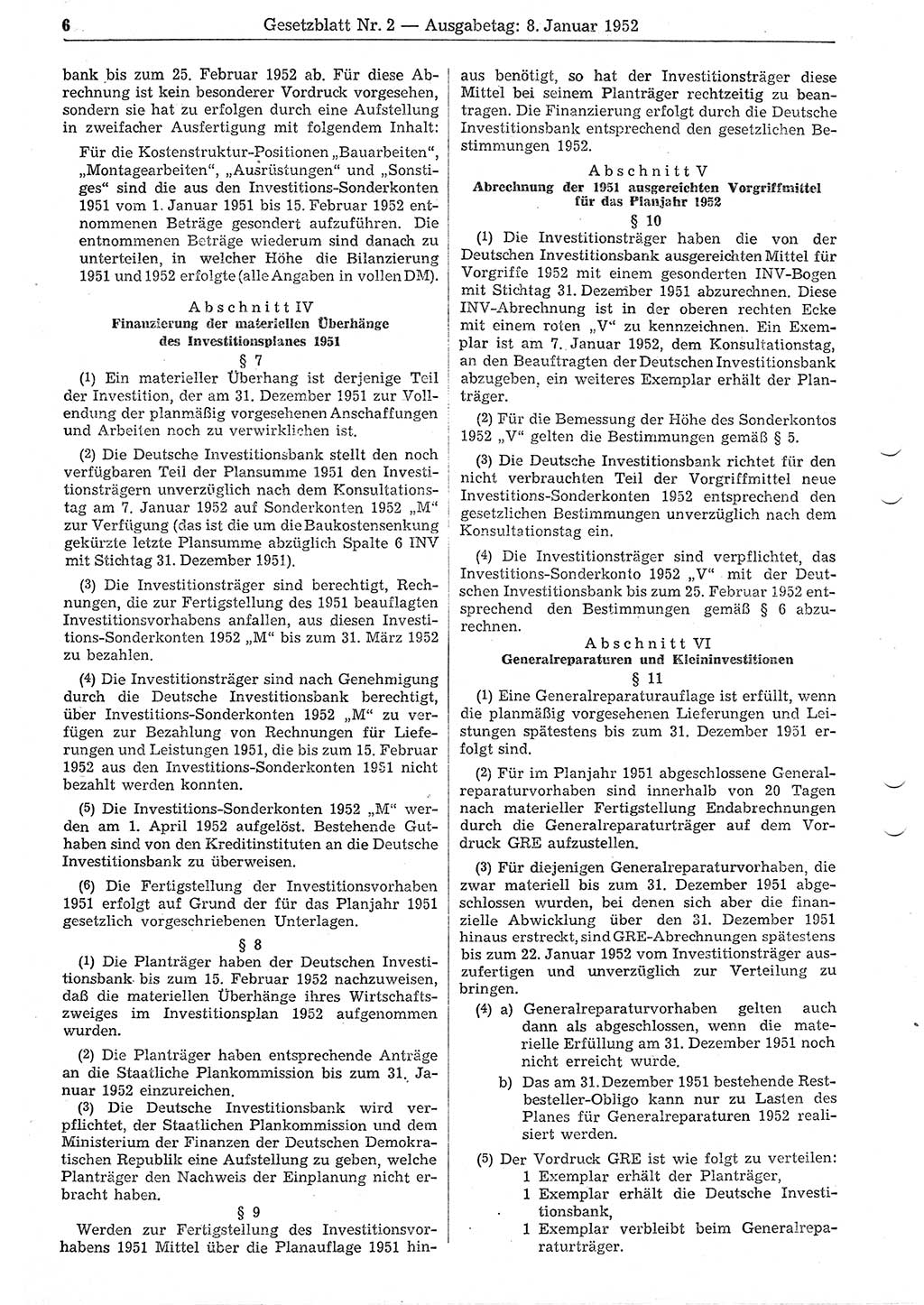 Gesetzblatt (GBl.) der Deutschen Demokratischen Republik (DDR) 1952, Seite 6 (GBl. DDR 1952, S. 6)