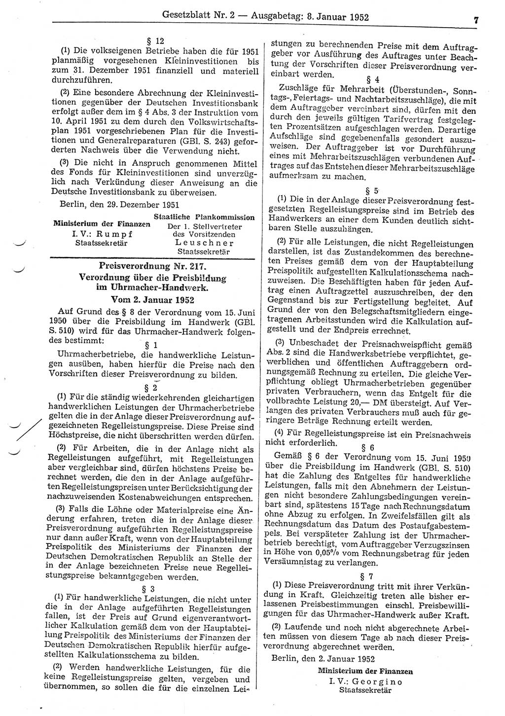 Gesetzblatt (GBl.) der Deutschen Demokratischen Republik (DDR) 1952, Seite 7 (GBl. DDR 1952, S. 7)