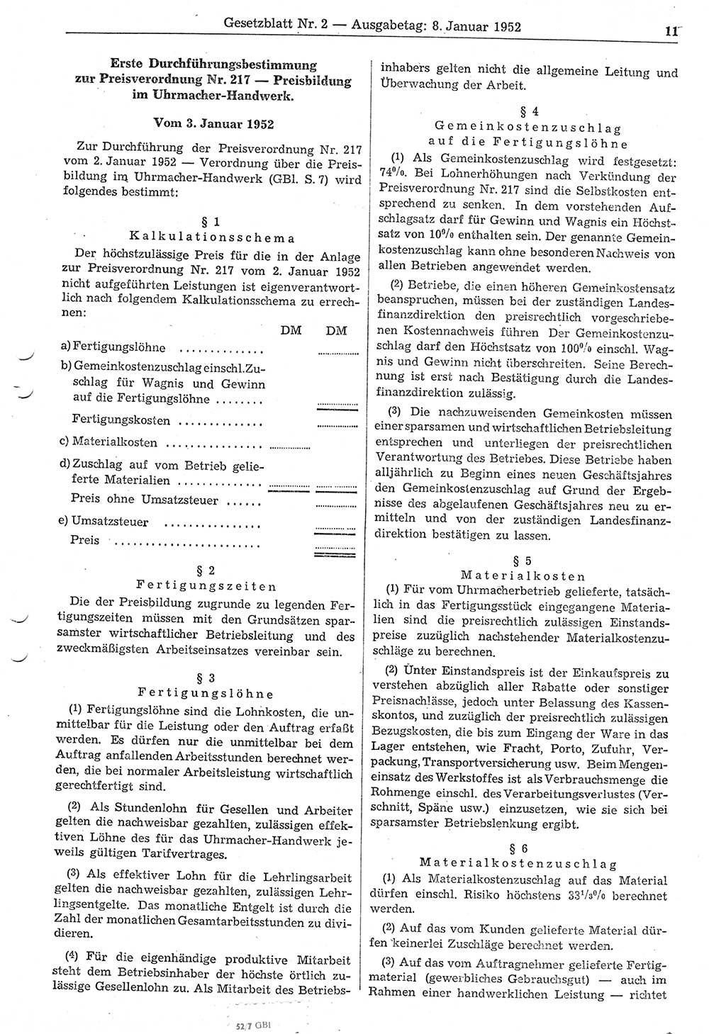 Gesetzblatt (GBl.) der Deutschen Demokratischen Republik (DDR) 1952, Seite 11 (GBl. DDR 1952, S. 11)