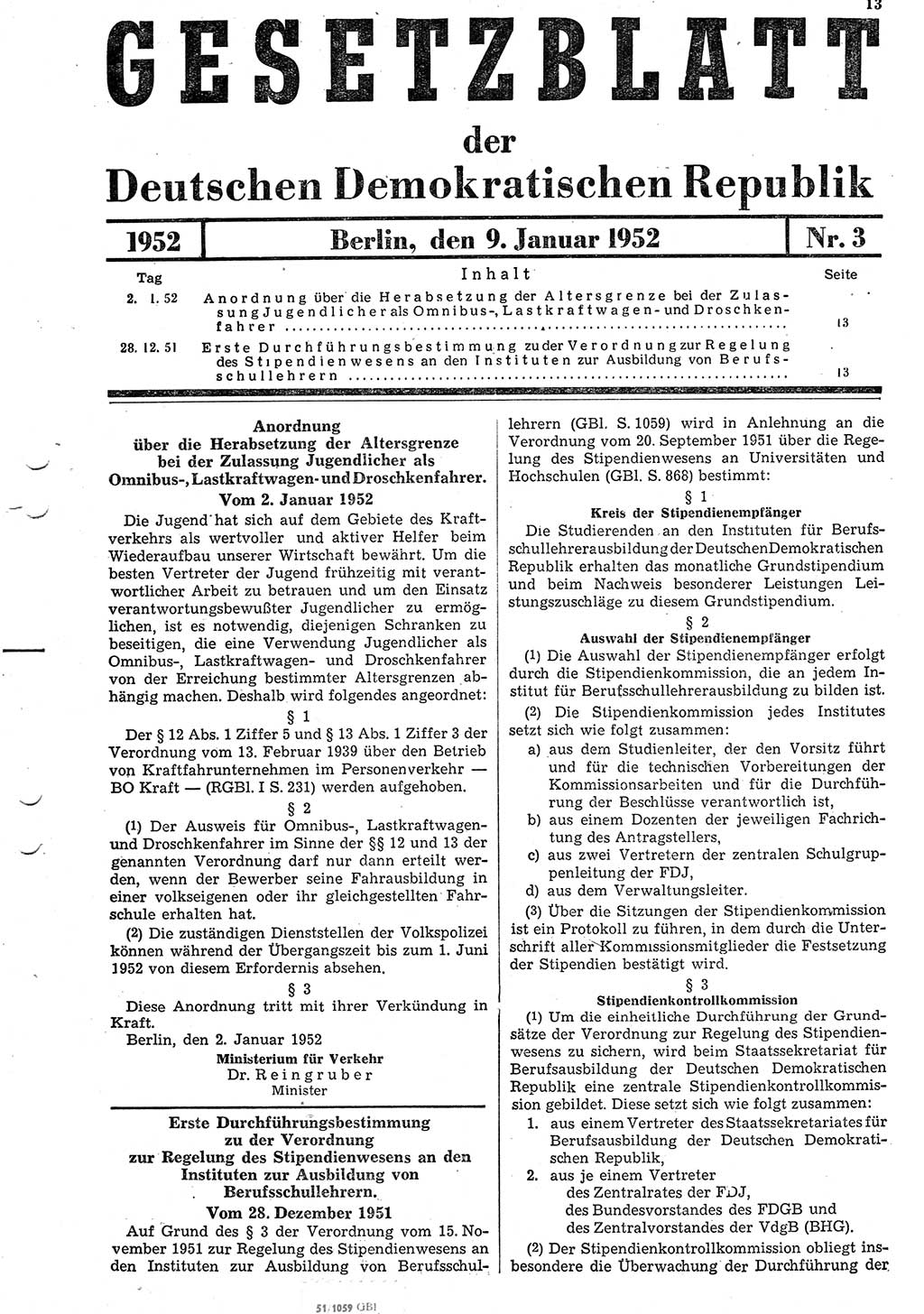 Gesetzblatt (GBl.) der Deutschen Demokratischen Republik (DDR) 1952, Seite 13 (GBl. DDR 1952, S. 13)