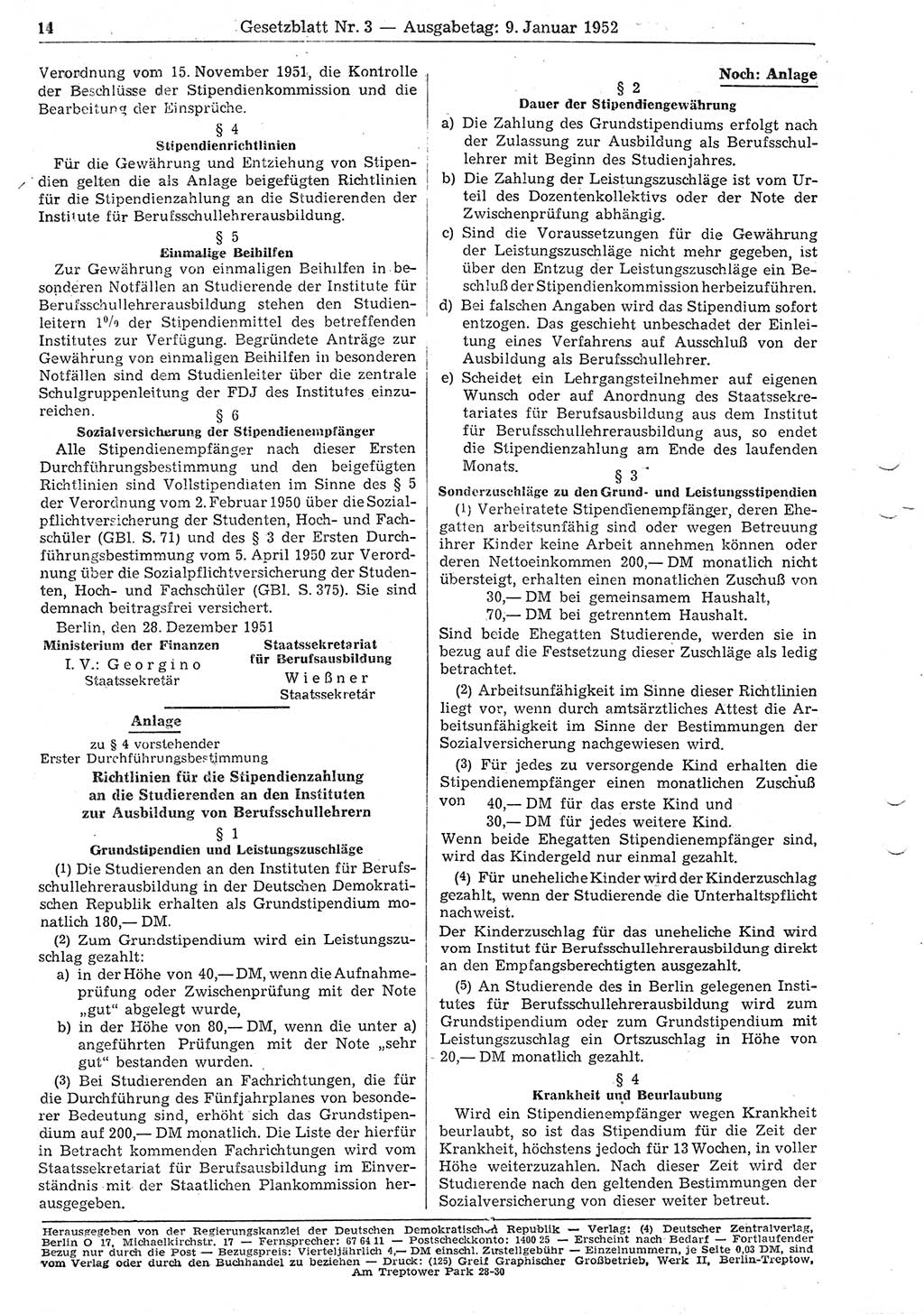 Gesetzblatt (GBl.) der Deutschen Demokratischen Republik (DDR) 1952, Seite 14 (GBl. DDR 1952, S. 14)