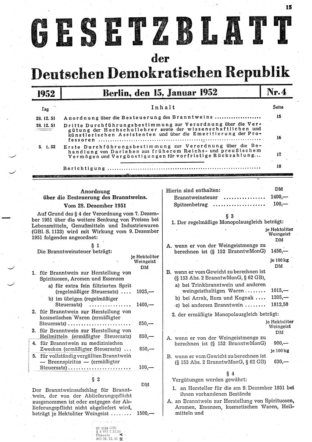 Gesetzblatt (GBl.) der Deutschen Demokratischen Republik (DDR) 1952, Seite 15 (GBl. DDR 1952, S. 15)