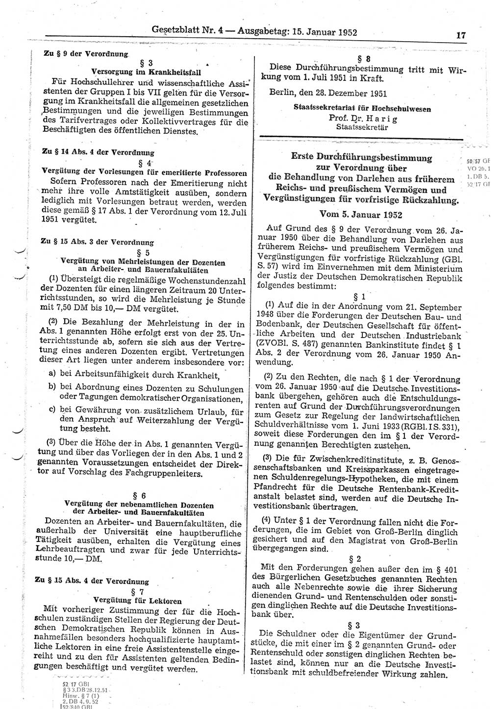 Gesetzblatt (GBl.) der Deutschen Demokratischen Republik (DDR) 1952, Seite 17 (GBl. DDR 1952, S. 17)