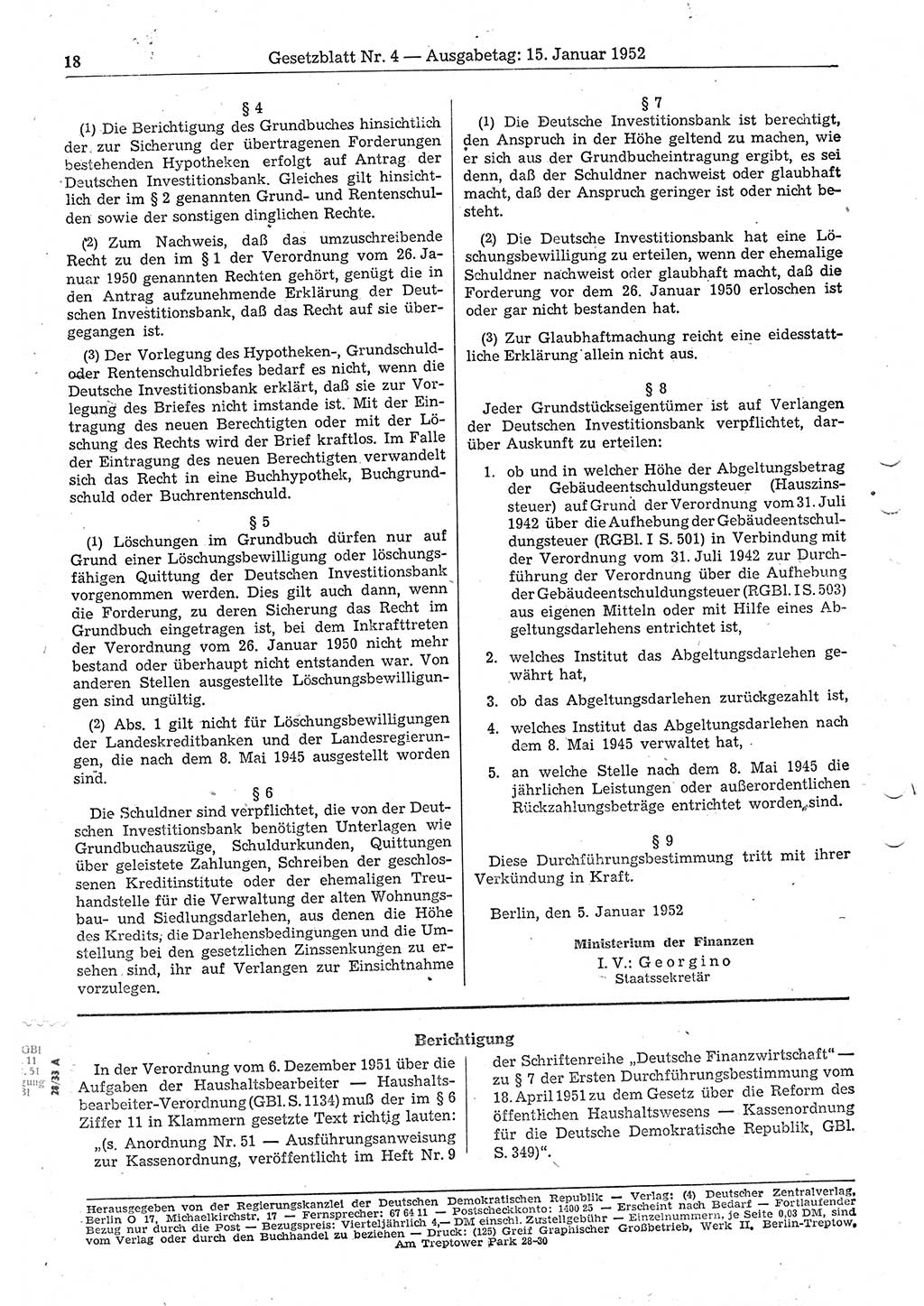 Gesetzblatt (GBl.) der Deutschen Demokratischen Republik (DDR) 1952, Seite 18 (GBl. DDR 1952, S. 18)