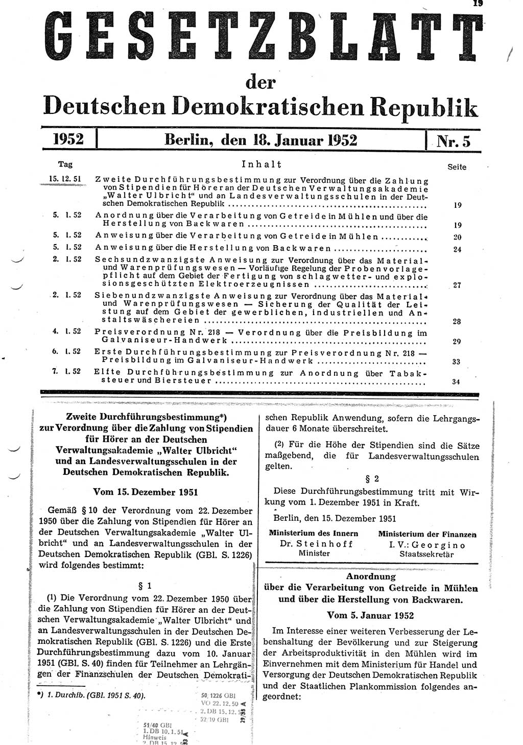 Gesetzblatt (GBl.) der Deutschen Demokratischen Republik (DDR) 1952, Seite 19 (GBl. DDR 1952, S. 19)