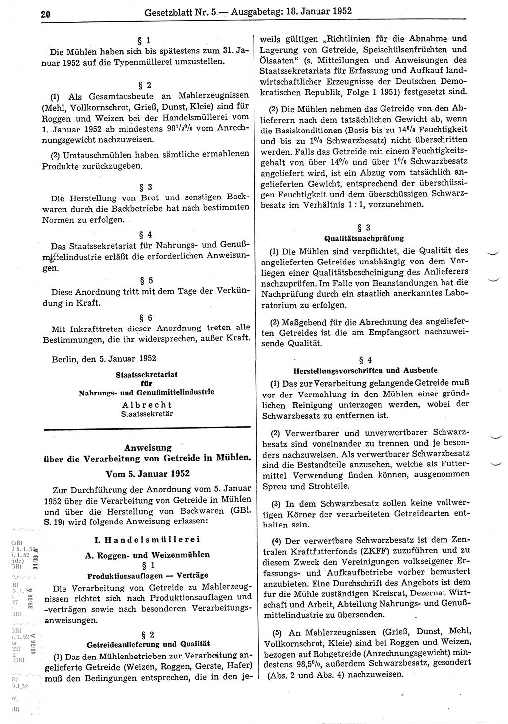 Gesetzblatt (GBl.) der Deutschen Demokratischen Republik (DDR) 1952, Seite 20 (GBl. DDR 1952, S. 20)