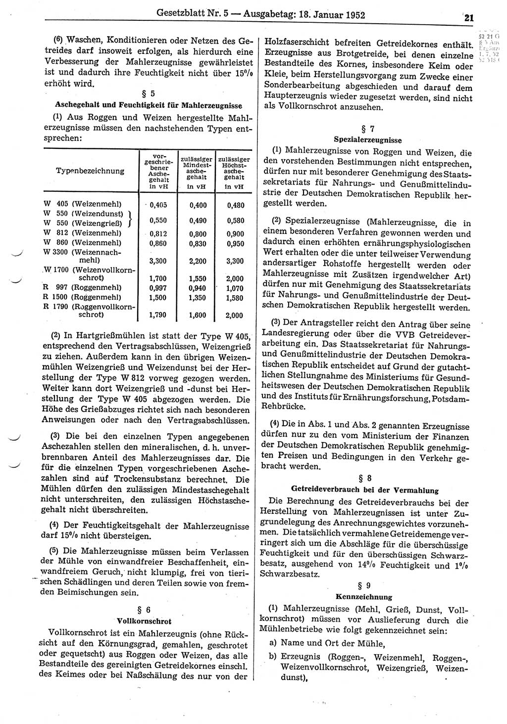 Gesetzblatt (GBl.) der Deutschen Demokratischen Republik (DDR) 1952, Seite 21 (GBl. DDR 1952, S. 21)