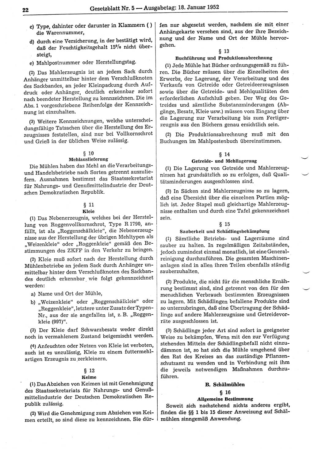 Gesetzblatt (GBl.) der Deutschen Demokratischen Republik (DDR) 1952, Seite 22 (GBl. DDR 1952, S. 22)