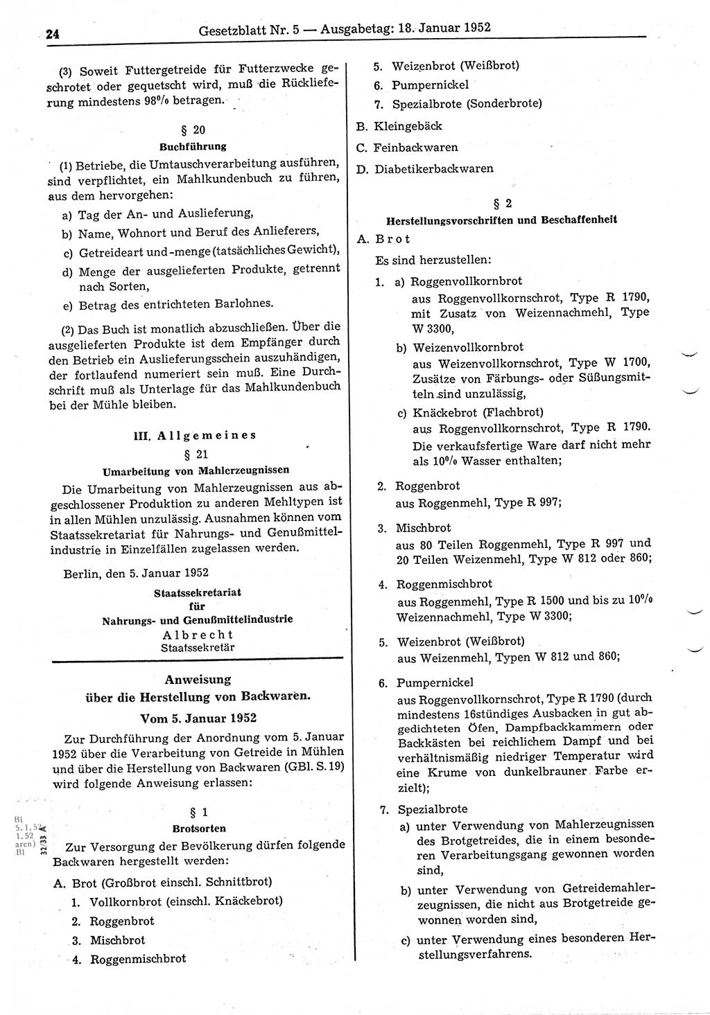 Gesetzblatt (GBl.) der Deutschen Demokratischen Republik (DDR) 1952, Seite 24 (GBl. DDR 1952, S. 24)