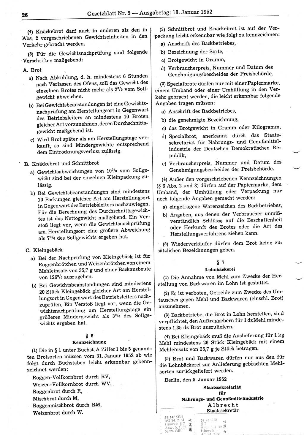 Gesetzblatt (GBl.) der Deutschen Demokratischen Republik (DDR) 1952, Seite 26 (GBl. DDR 1952, S. 26)
