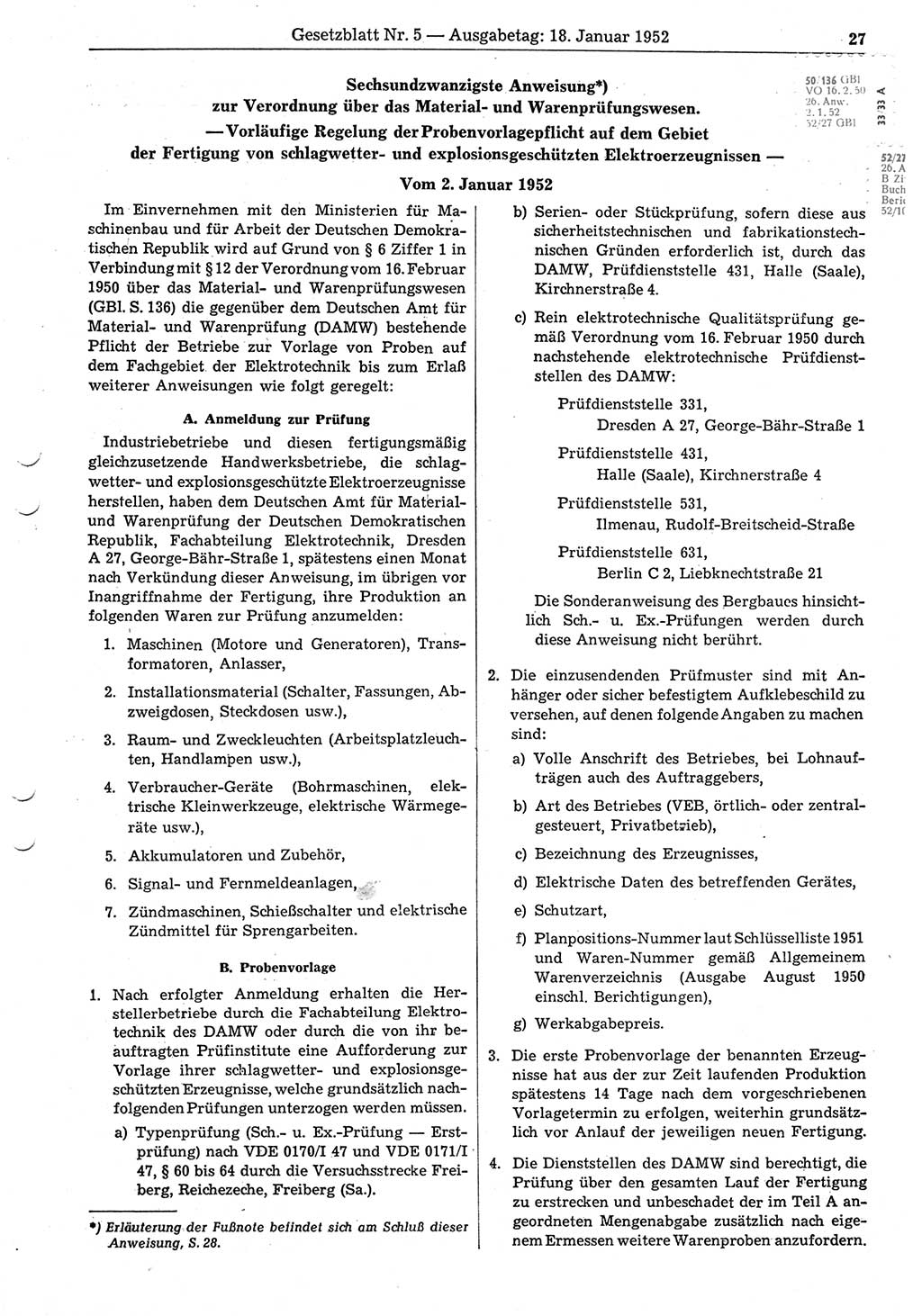 Gesetzblatt (GBl.) der Deutschen Demokratischen Republik (DDR) 1952, Seite 27 (GBl. DDR 1952, S. 27)