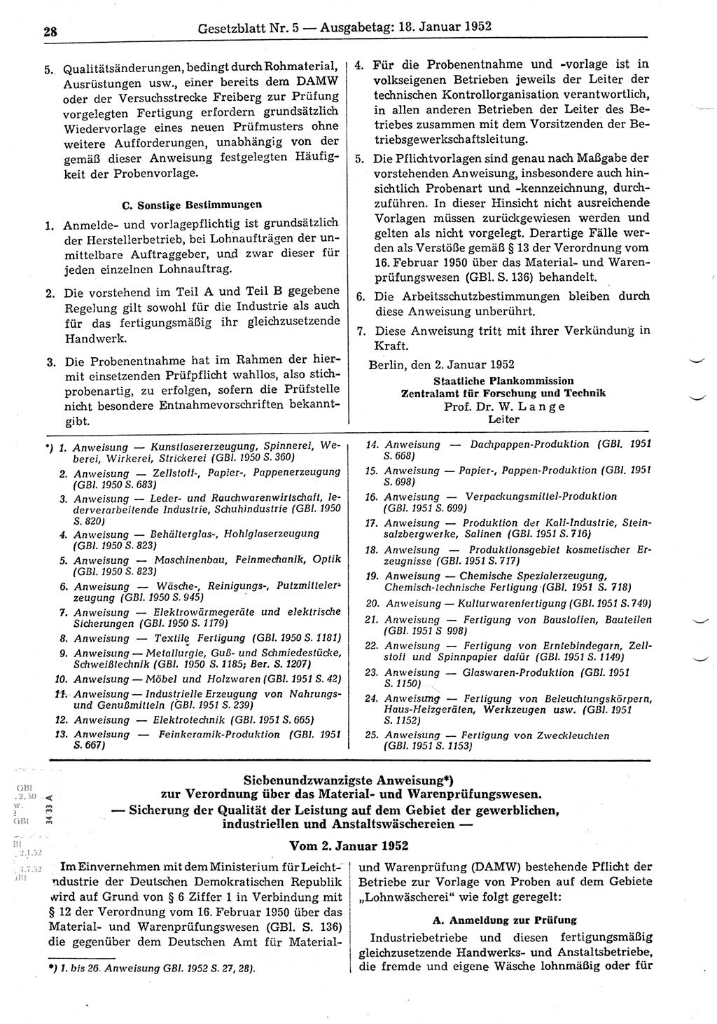 Gesetzblatt (GBl.) der Deutschen Demokratischen Republik (DDR) 1952, Seite 28 (GBl. DDR 1952, S. 28)