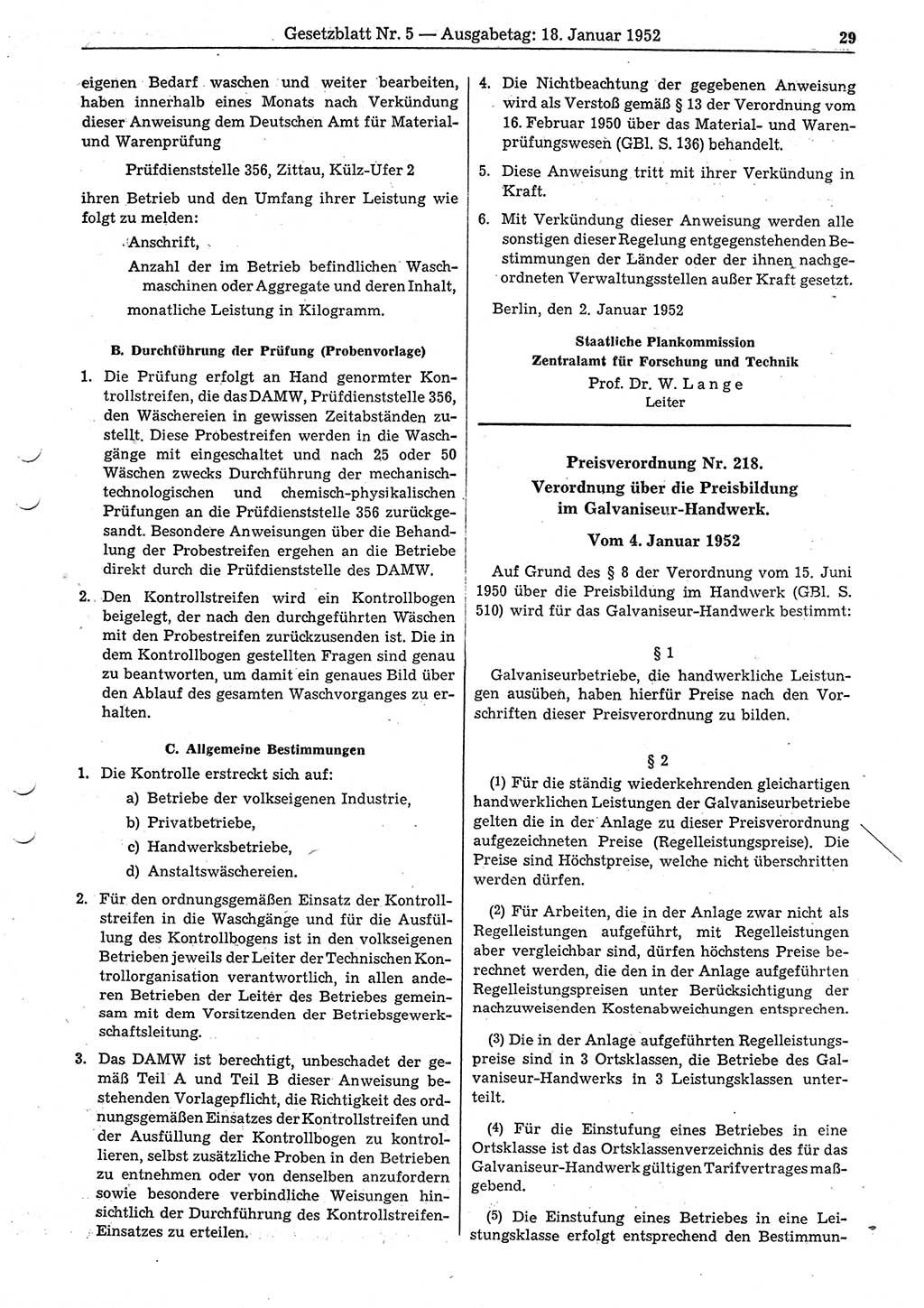 Gesetzblatt (GBl.) der Deutschen Demokratischen Republik (DDR) 1952, Seite 29 (GBl. DDR 1952, S. 29)