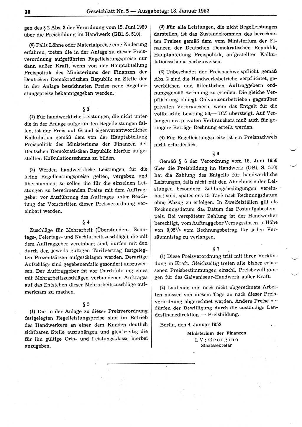 Gesetzblatt (GBl.) der Deutschen Demokratischen Republik (DDR) 1952, Seite 30 (GBl. DDR 1952, S. 30)